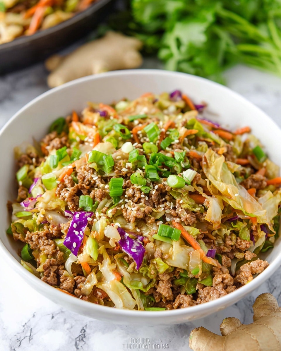 A white bowl filled with a stir-fried mix that has three visible layers: the base layer is made of light brown cooked ground meat mixed with sautéed cabbage pieces that are a mix of pale green, white, and a few purple shreds, the middle layer has thinly sliced bright orange carrot strips and more cabbage, and the top layer is sprinkled with chopped green onions and cilantro leaves along with small, round white sesame seeds, all placed on a white marbled surface with some green herbs and a root ginger piece blurred in the background, photo taken with an iphone --ar 4:5 --v 7