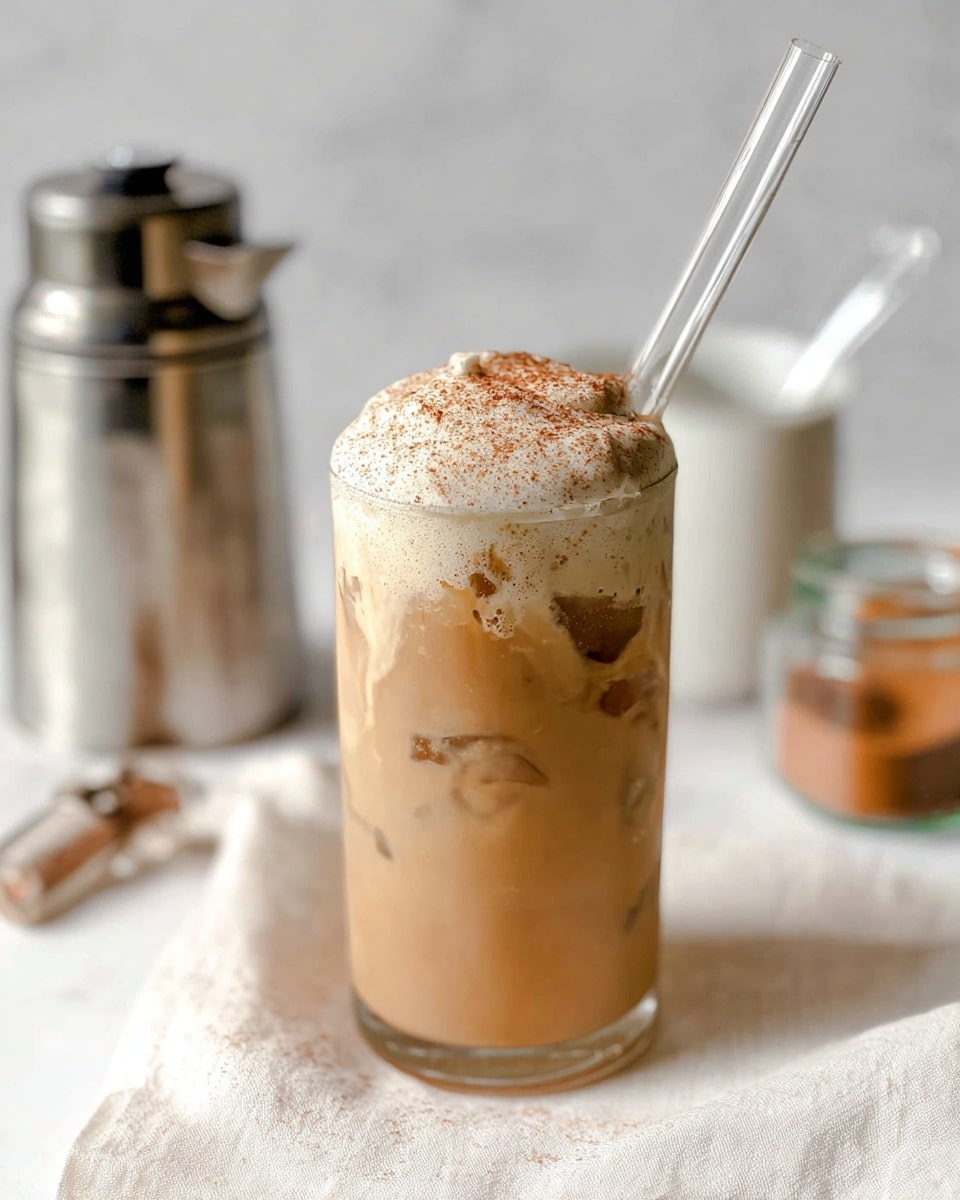 A clear tall glass is filled with a light brown iced coffee drink that has visible ice cubes floating inside. The top of the drink has a thick, airy layer of whipped cream or foam dusted with a generous sprinkle of cinnamon or nutmeg, giving it a warm brown and slightly speckled texture. A clear glass straw is placed on the right side, slightly angled outward from the drink. The glass sits on a white marbled surface with a soft white cloth beneath it. In the background, blurred objects like a metal milk frothing pitcher, a small jar with a brown powder, and a white ceramic creamer add to the cozy scene. photo taken with an iphone --ar 4:5 --v 7