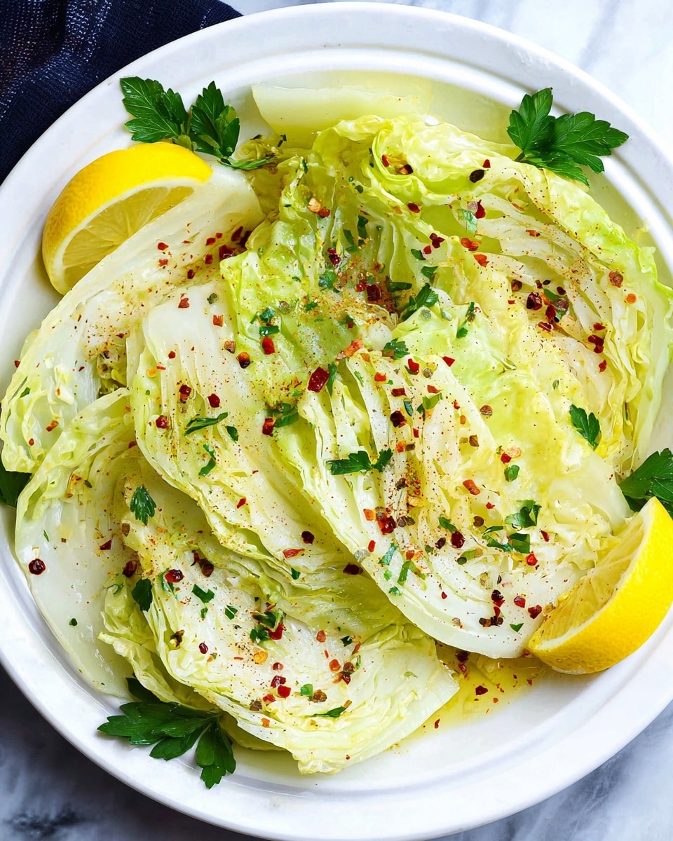 A white plate holds several layers of light, pale green cabbage wedges with a slightly wilted, soft texture, sprinkled with small red chili flakes and finely chopped green herbs. The cabbage wedges are arranged in a circular pattern with three lemon wedges placed around the edges, adding bright yellow accents. Some black pepper specks are scattered over the top, and two green parsley leaves lie among the cabbage pieces. The plate is set against a white marbled texture surface. photo taken with an iphone --ar 4:5 --v 7