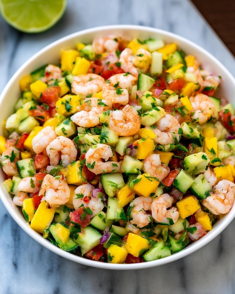 A white bowl filled with a colorful shrimp salad, showing several layers of small diced ingredients. The base layer has bright orange-yellow mango pieces mixed with chunks of green cucumber. Above them are plump, pink shrimp arranged evenly, some curved and some flat. Mixed throughout are red tomato bits and scattered green herbs, adding a fresh touch. The overall texture looks juicy and fresh with a mix of smooth shrimp and crisp vegetables, placed on a white marbled surface. photo taken with an iphone --ar 4:5 --v 7