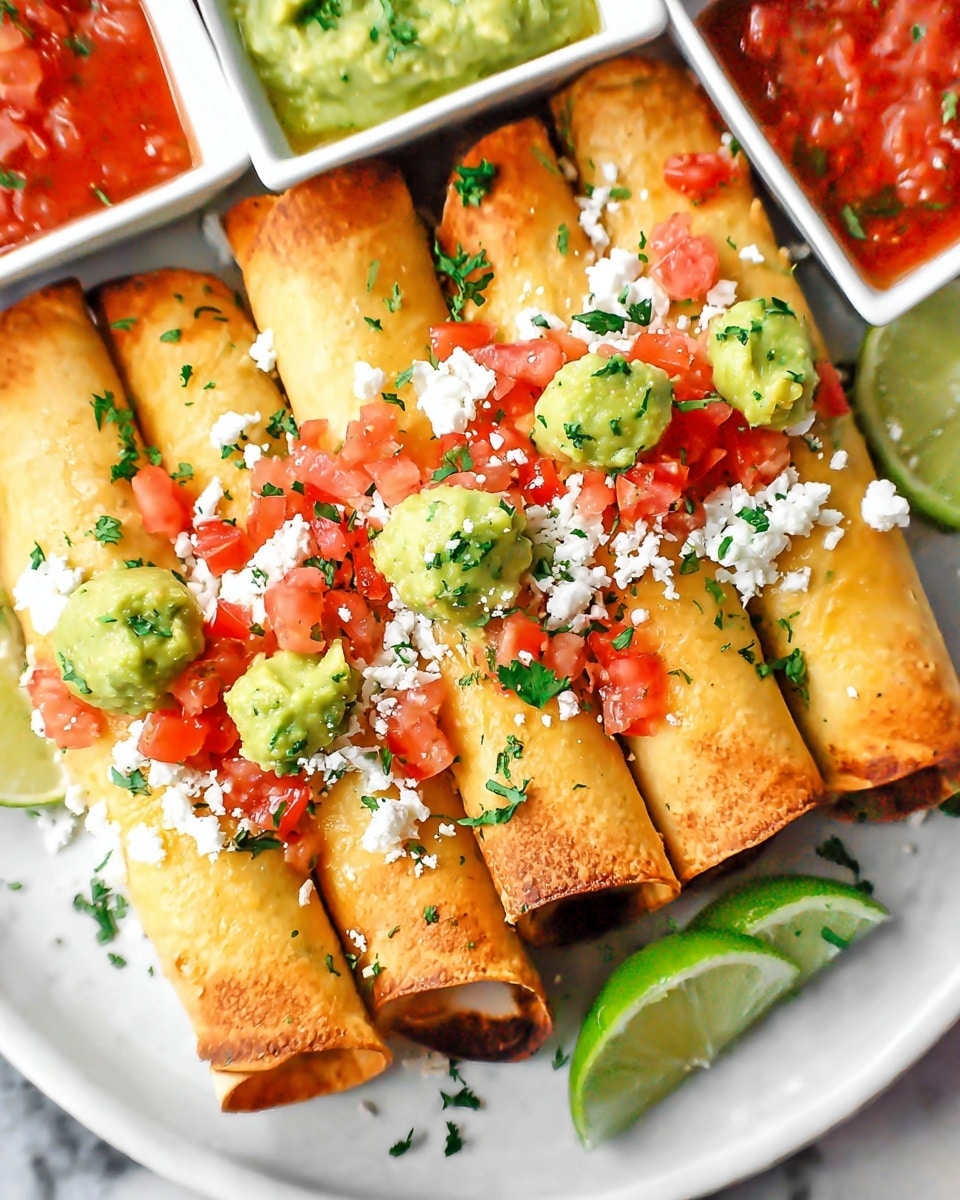 A white rectangular plate with a row of seven golden-brown rolled tacos placed side by side, each taco tightly wrapped and slightly toasted. On top, there are three dollops of bright green guacamole spaced out evenly along the middle. Fresh, finely chopped red tomatoes and white crumbled cheese are scattered generously over the tacos, adding a pop of color. Small white blobs of sour cream are also dotted along the top. Fresh green cilantro leaves are sprinkled around, enhancing the freshness. Two lime wedges rest on the left side of the plate, adding a citrus touch. In the background, there are small white bowls filled with vibrant red salsa and extra guacamole, all set on a white marbled surface. photo taken with an iphone --ar 4:5 --v 7