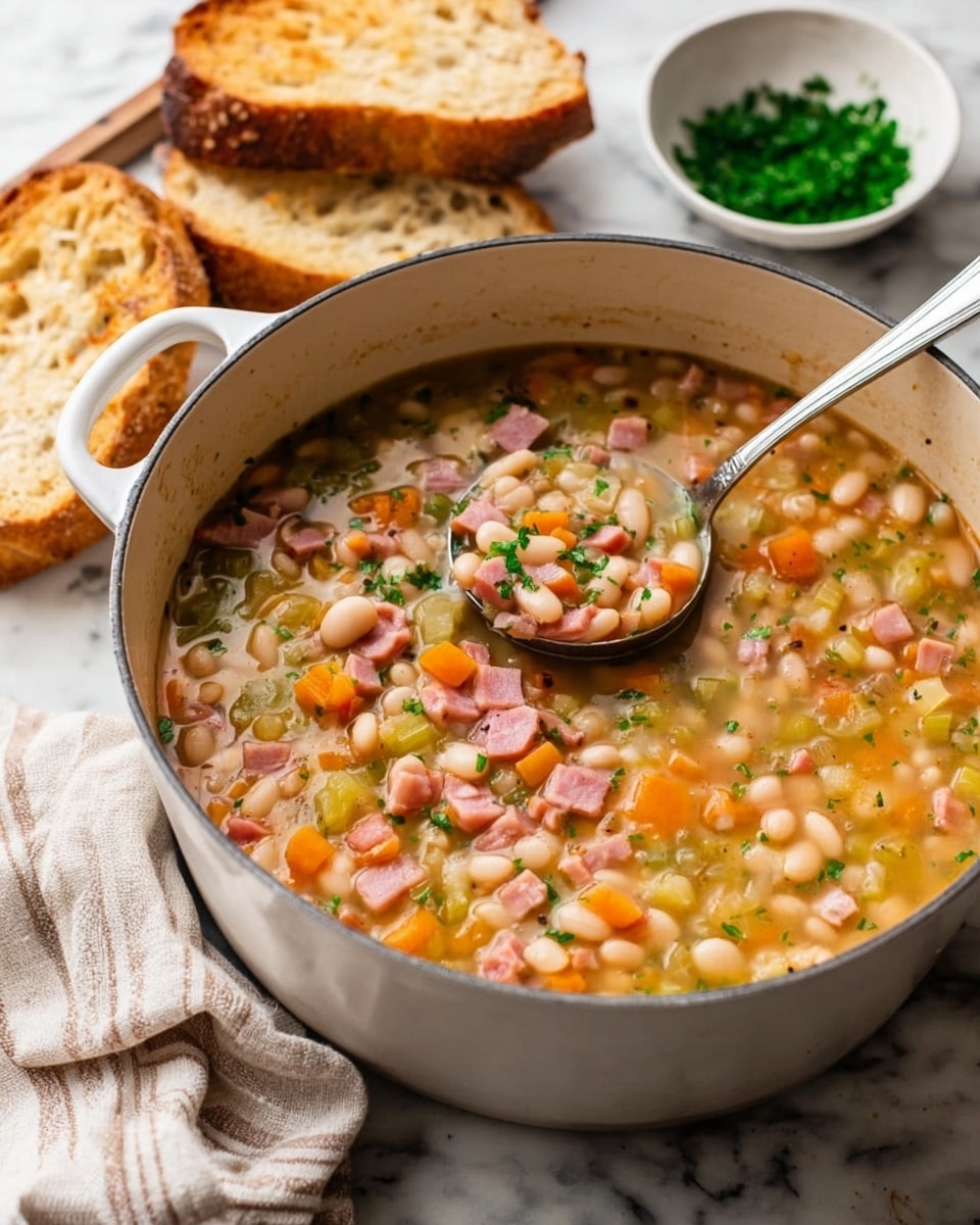 A white pot filled with thick soup showing visible layers of white beans, diced orange carrots, pale green celery, and small cubes of pink ham mixed evenly throughout a golden-brown broth, topped with small green parsley pieces. A silver ladle rests inside the pot, slightly lifting some soup, releasing light steam. Next to the pot, two slices of toasted bread with a golden crust and airy texture sit on a white marbled surface near a striped beige cloth. In the background is a small white bowl with chopped green herbs. photo taken with an iphone --ar 4:5 --v 7