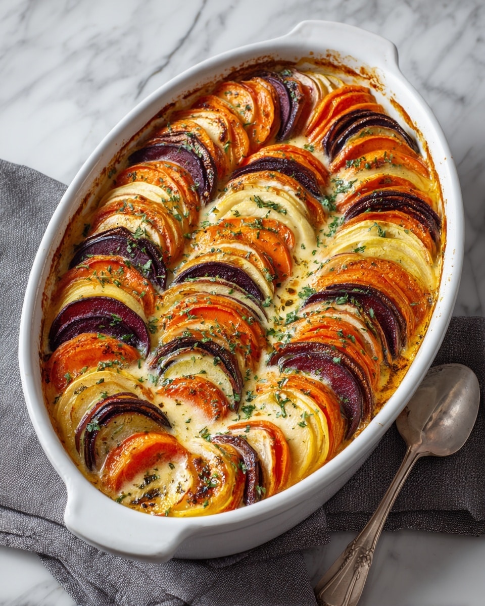 The dish shows a white oval baking dish filled with five neat rows of thinly sliced vegetables arranged vertically. Starting at the top, the first layer is orange sweet potatoes with a slightly crispy edge and a glossy finish. Below it is a row of pale yellow potatoes with a creamy texture and light browning on some edges. The middle layer is a deep reddish-purple of beets, shining with a moist glaze and sprinkled lightly with herbs. Next is another row of orange sweet potatoes similar to the top layer but with a few browned spots. The bottom row is pale yellow potatoes, similar to the second layer, with a smooth, slightly browned surface. The dish is topped with small green herb leaves, and a metal spoon lies on a light cloth to the right over a white marbled texture. photo taken with an iphone --ar 4:5 --v 7