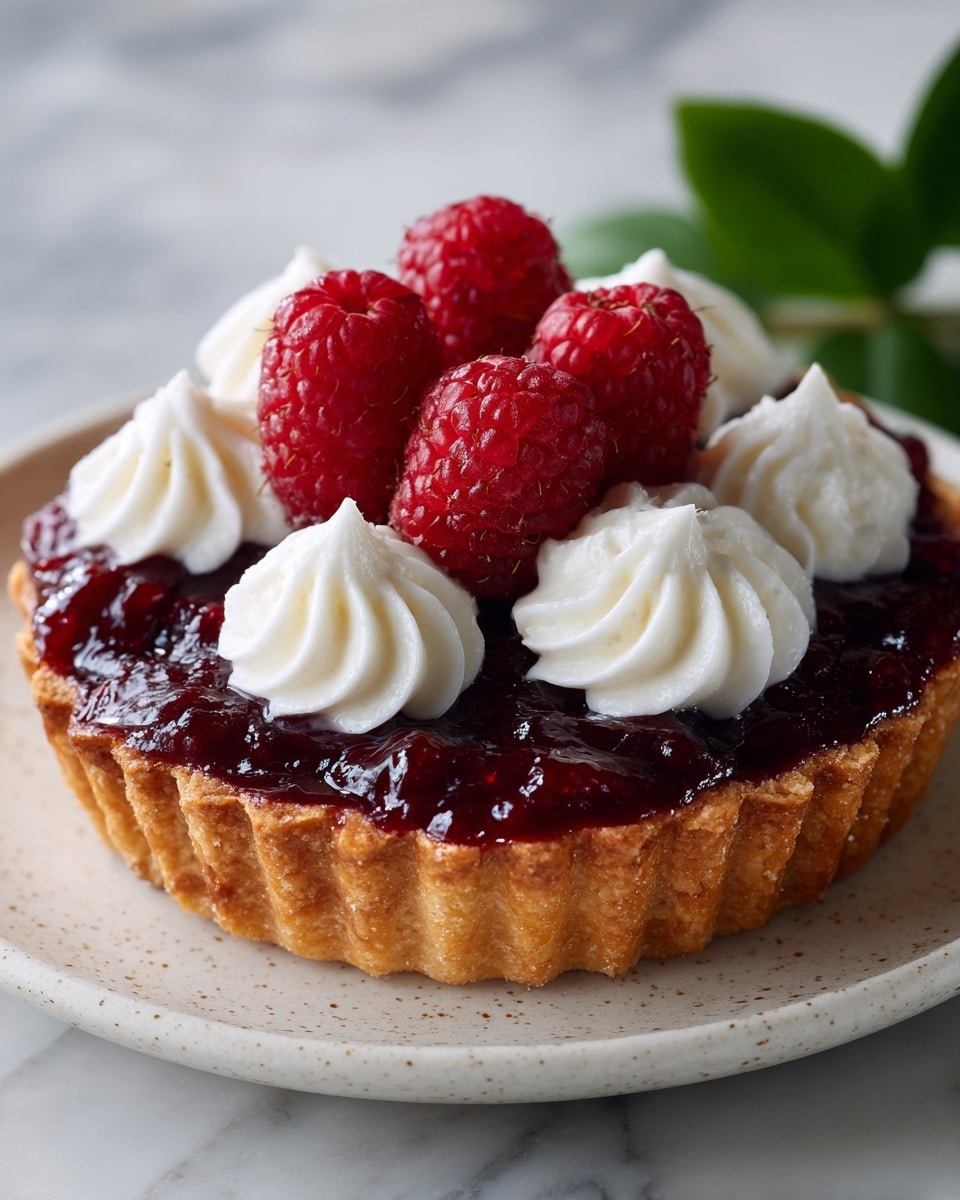 A small tart with a golden-brown, crimped crust forms the base layer, holding a thick, glossy deep red berry filling. On top, five dollops of smooth, white whipped cream are evenly spaced around the center, where three fresh red raspberries with textured surfaces sit nestled. The tart is placed on a slightly speckled white plate, set on a white marbled surface with a green leaf near the plate, adding a natural touch. The overall look is fresh and inviting, with rich colors and soft textures highlighted by natural light. photo taken with an iphone --ar 4:5 --v 7