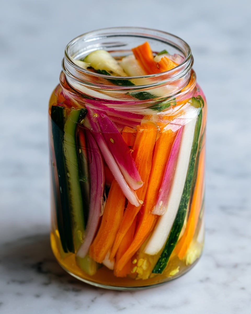 The image shows a clear glass jar filled with colorful pickled vegetables layered inside. The top layer is made of thin, crisp white onion strips resting on bright orange carrot sticks and vibrant green cucumber slices, while beneath are deeper purple and pink radish pieces mixed with small bits of green herbs. The vegetables are thinly sliced, showing a mix of crunchy and fresh textures. The jar is placed on a white marbled surface, enhancing the colors within. Photo taken with an iphone --ar 4:5 --v 7