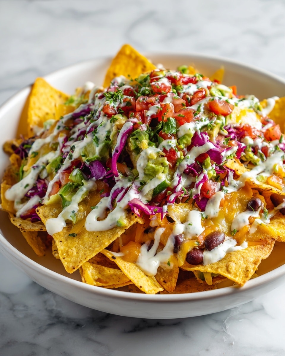 The dish is a bowl of nachos with multiple layers, starting with a base of yellow corn tortilla chips arranged evenly. On top, there is a creamy white sauce drizzled generously, mixed with small pieces of red kidney beans, purple cabbage, and green chunks of avocado or bell pepper. The layers create a colorful mix of yellow, white, red, purple, and green, with a slightly melted cheese texture melting through the chips. The bowl is white, set on a white marbled surface. Photo taken with an iphone --ar 4:5 --v 7