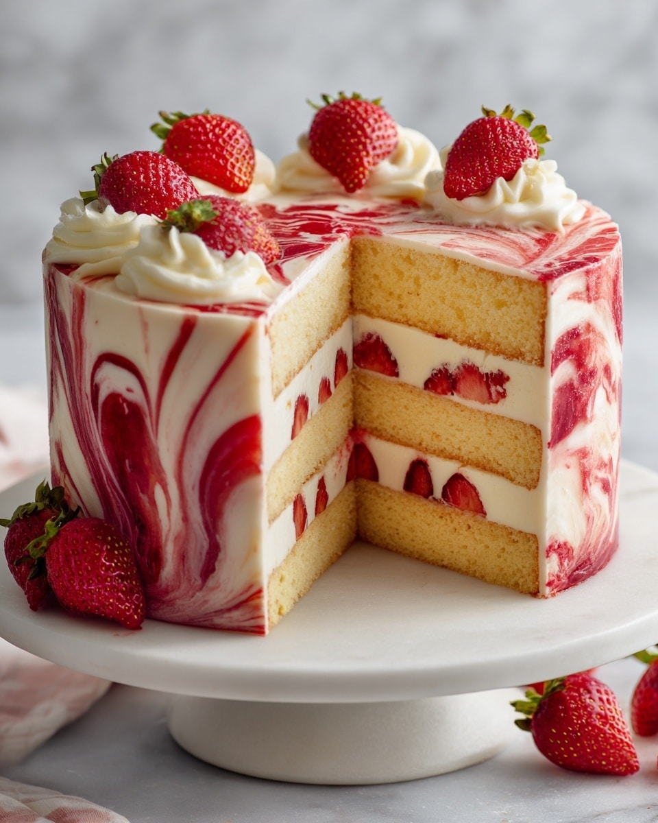 The image shows a three-layer cake with light yellow sponge layers. Between each sponge layer, there is a thick white cream layer mixed with small pieces of red strawberries evenly spread. The outside of the cake is covered with white cream that has red strawberry swirls gently mixed in, creating a marbled effect. On top, there are whole and halved fresh strawberries placed around the edge. The cake is placed on a white marble cake stand, set against a white marbled background. One large slice has been cut, showing the clear layers inside, and the surface around the cake stand has some crumbs and bits of cream. Photo taken with an iphone --ar 4:5 --v 7