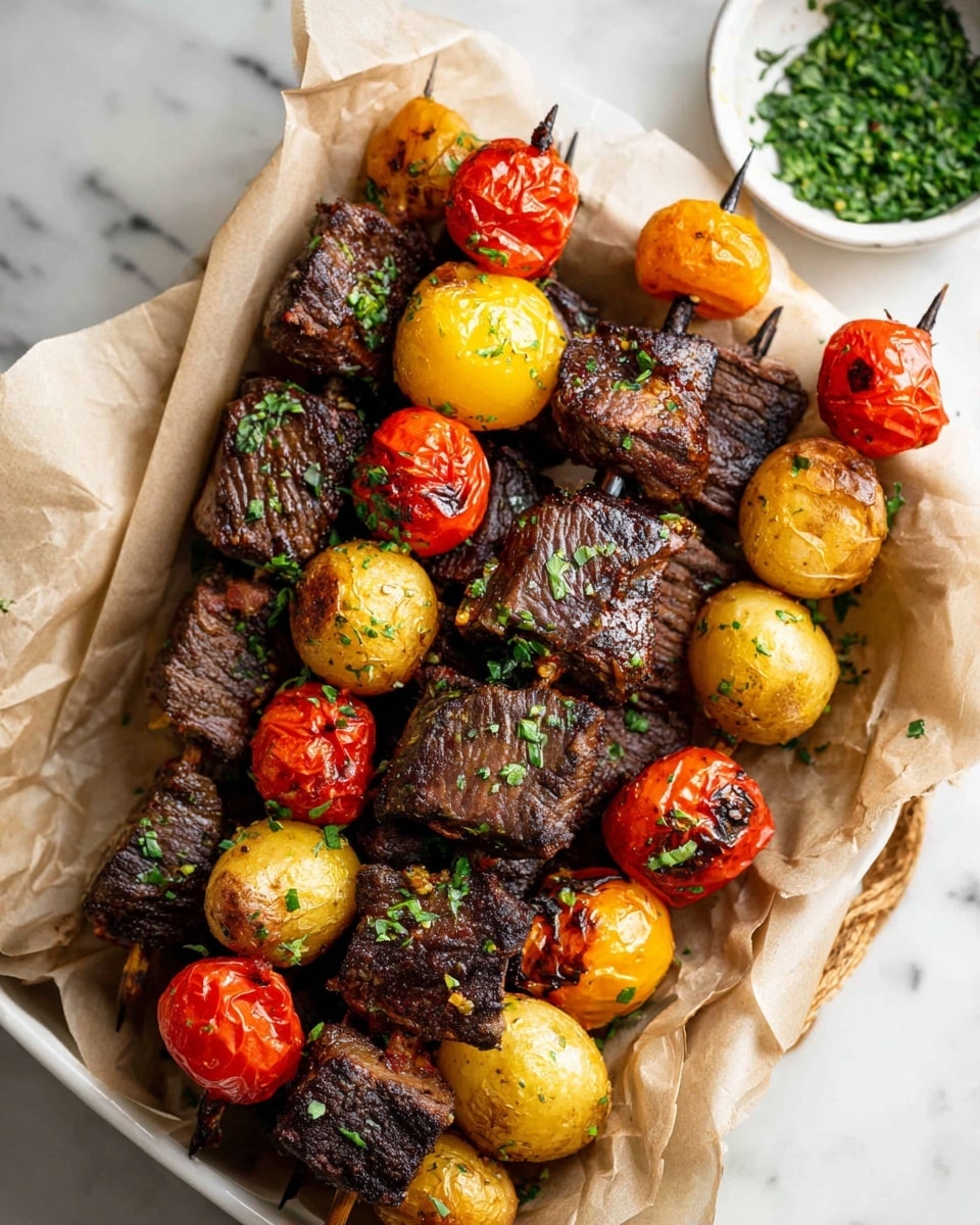 The image shows a stack of grilled skewers laid on light brown parchment paper in a white bowl. Each skewer has three types of food: shiny, roasted baby potatoes in golden and reddish-brown tones; juicy cherry tomatoes, some bright red and some yellow-orange with slight grill marks; and dark brown, well-seasoned beef cubes with a charred texture. The skewers are garnished with small green herb pieces scattered on top, adding a touch of color contrast. A separate white bowl with chopped green herbs is visible in the top left corner, all placed on a white marbled surface. photo taken with an iphone --ar 4:5 --v 7