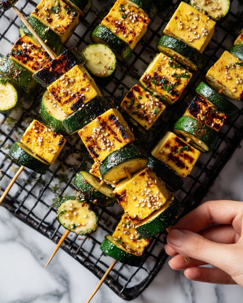 The image shows skewers with grilled vegetables on a black grill. Each skewer has three pieces of green zucchini with a slightly charred, dark green skin and soft yellow inside, alternating with two pieces of yellow tofu that have a golden brown crust with sesame seeds sprinkled on top. The textures show the tofu as firm and the zucchini as tender. The skewers are wooden and shine slightly from the grilling. The background is a white marbled texture. Photo taken with an iphone --ar 4:5 --v 7