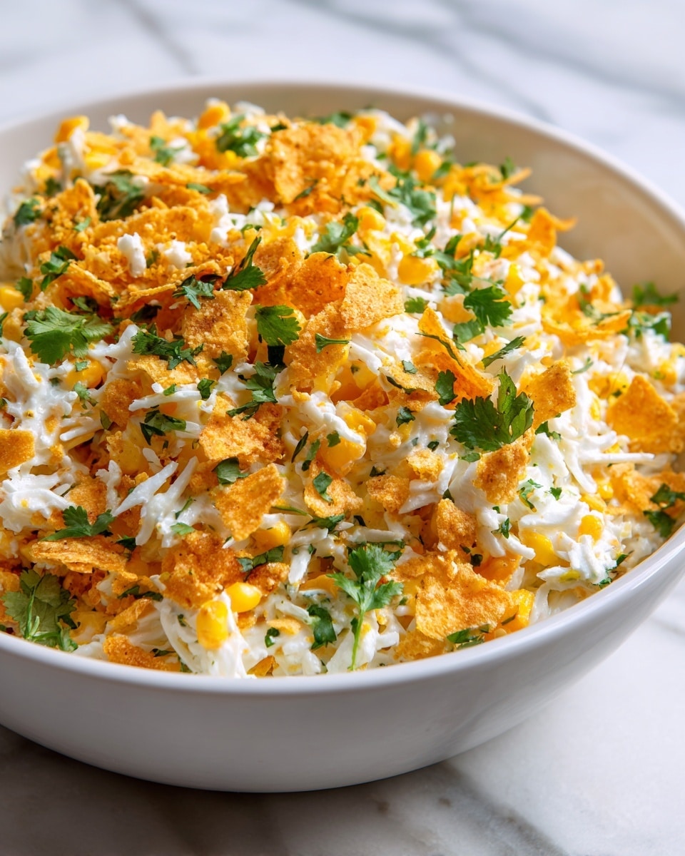 A close-up view of a white bowl filled with a mixed dish showing multiple layers and textures: the base is creamy with visible pieces of yellow corn kernels scattered through the mix, topped by vibrant orange crisp chips and thin shredded white cheese layered evenly throughout. Bright green leaves of fresh cilantro are scattered on top as a garnish, adding color contrast. The chips appear seasoned with a reddish spice, creating a textured, crunchy layer that stands out against the smooth creaminess beneath. The bowl sits on a white marbled surface. photo taken with an iphone --ar 4:5 --v 7
