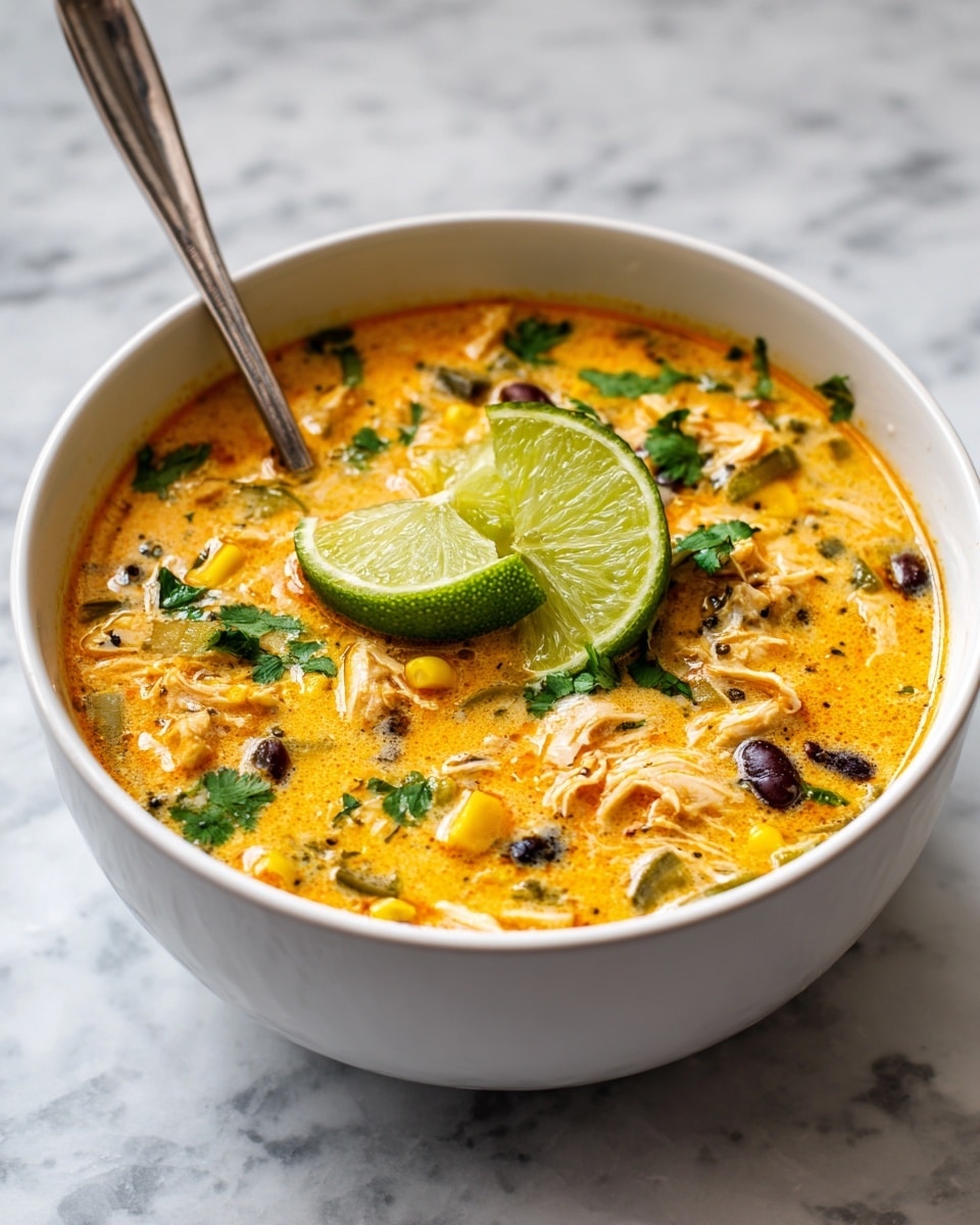 A white bowl filled with creamy orange soup showing three main layers: a base of orange creamy broth, mixed with chunks of white shredded chicken, yellow corn kernels, dark black beans, and small dark green vegetable pieces evenly spread throughout. On top, fresh bright green cilantro leaves are placed with two green lime wedges near the center. A silver spoon rests on the left edge of the bowl. The bowl sits on a white marbled surface that provides soft gray and black patterns around it. photo taken with an iphone --ar 4:5 --v 7