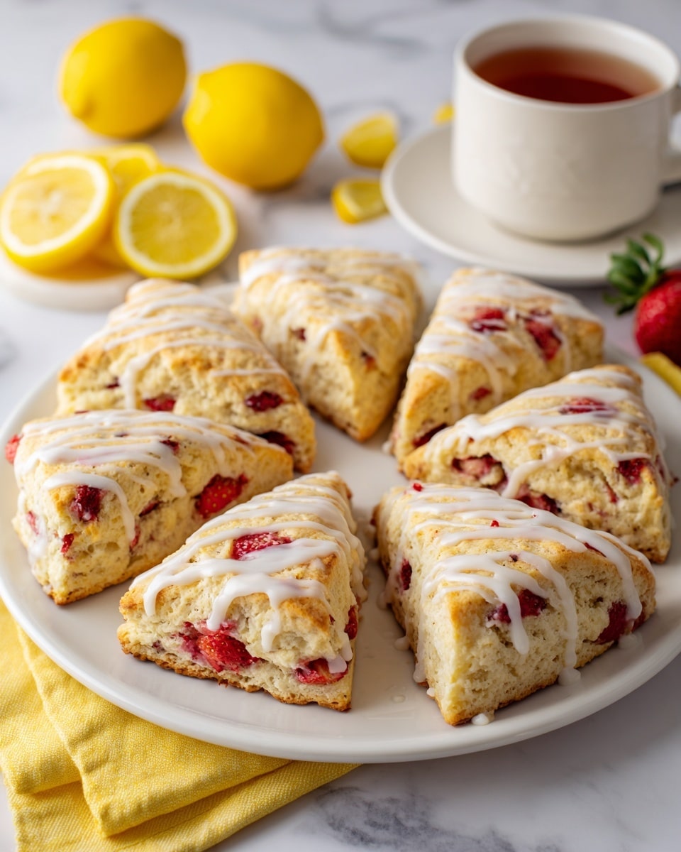 Seven triangular scones with a golden, crumbly texture are arranged in a circle on a white plate, each scone dotted with bright red strawberry pieces inside and lightly drizzled with a smooth, white icing on top. The scones show soft yellow tones with crispy edges, making the strawberries stand out with their vibrant red color. Around the plate, there are bright yellow lemon slices placed on a pale yellow cloth, and a white cup filled with tea is partially visible on a white marbled surface. photo taken with an iphone --ar 4:5 --v 7