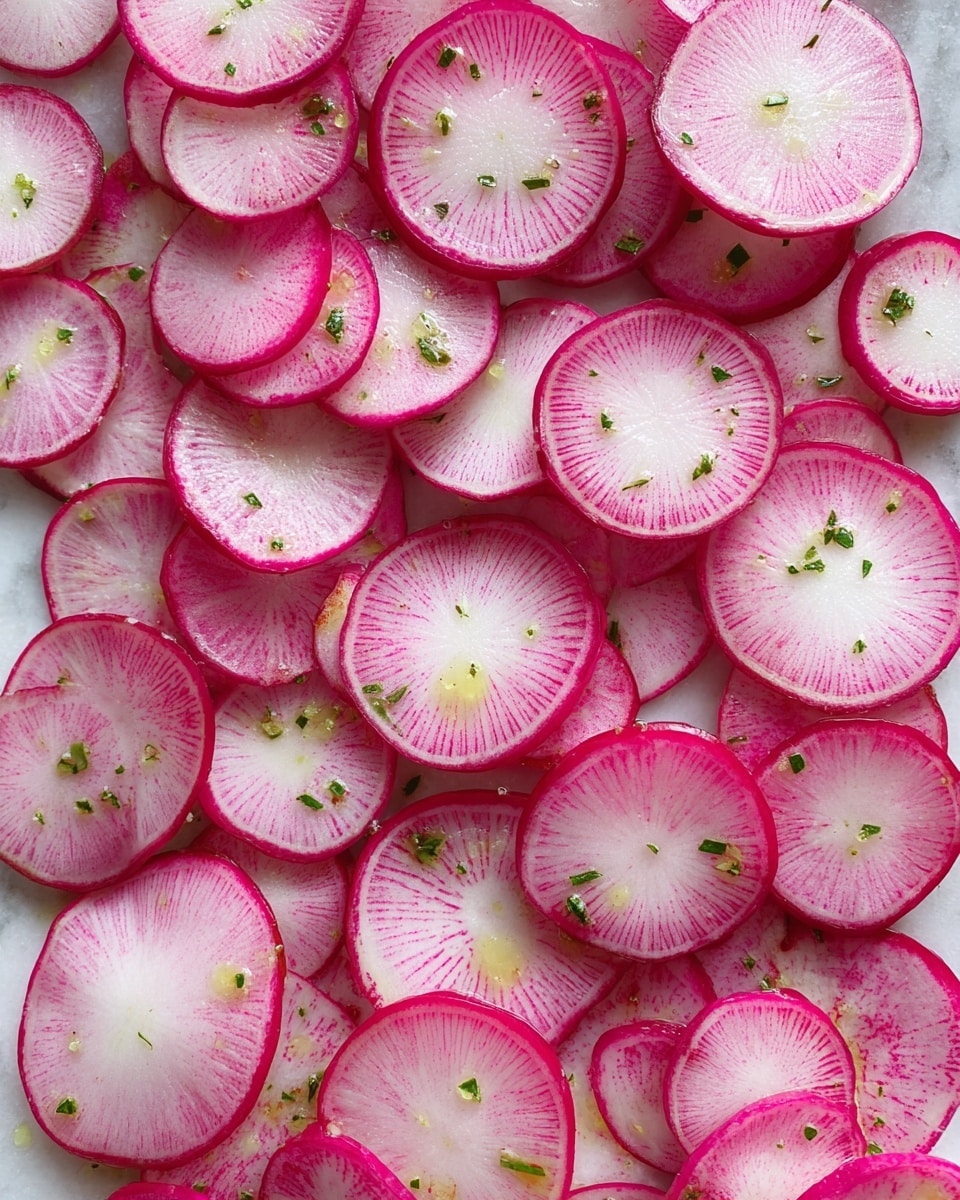 The image shows many thinly sliced radishes spread in one layer, filling the frame. Each radish slice has a bright pink outer edge and a white center. Small drops of green herbs and a light drizzle of oil are scattered on top, adding texture and slight gloss. The radishes rest on a white marbled surface. photo taken with an iphone --ar 4:5 --v 7