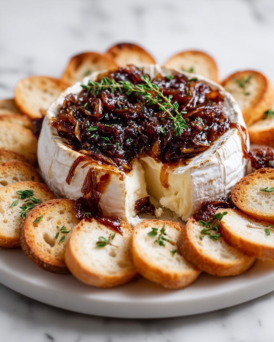 A whole wheel of baked brie cheese with a pale, creamy interior and a soft, off-white rind sits in the center of a white plate on a white marbled surface. The top of the brie is covered with a thick layer of dark brown caramelized onions and herbs, garnished with a few sprigs of fresh green thyme. A wedge is cut out from the brie, showing the smooth, melted inside. Around the cheese, there are thin, round slices of toasted bread, some placed flat and others leaning against the cheese, with a small sprig of thyme resting on one of the toasts. The texture contrasts between the creamy cheese, glossy onion topping, and crisp bread create a rich and inviting look. Photo taken with an iphone --ar 4:5 --v 7