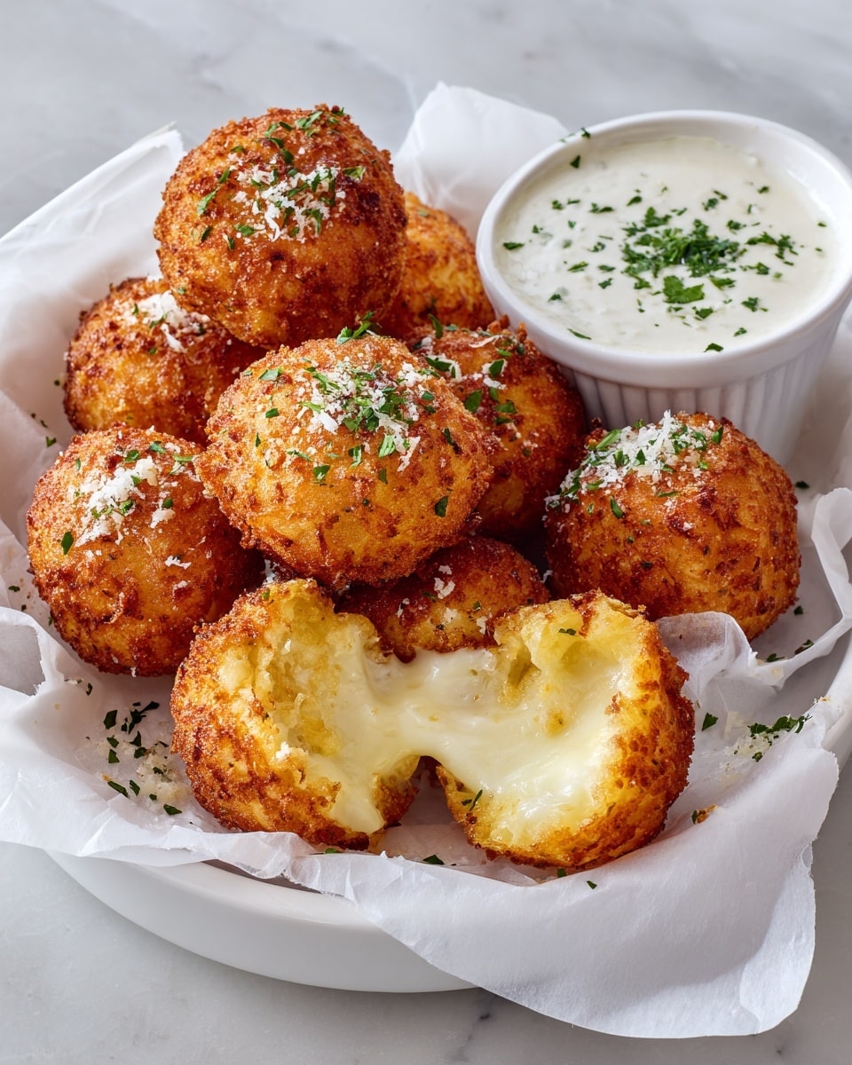 A white bowl lined with white paper holds about ten round golden-brown fried balls with a crispy texture, sprinkled with small green herb pieces and fine white grated cheese on top; one ball is cut in half to show a soft, creamy, pale yellow inside with small green herbs. In the back of the bowl, there is a small white bowl filled with a creamy, white dipping sauce also garnished with chopped green herbs. The bowl sits on a white marbled textured surface with soft, natural lighting highlighting the colors and textures of the food. photo taken with an iphone --ar 4:5 --v 7