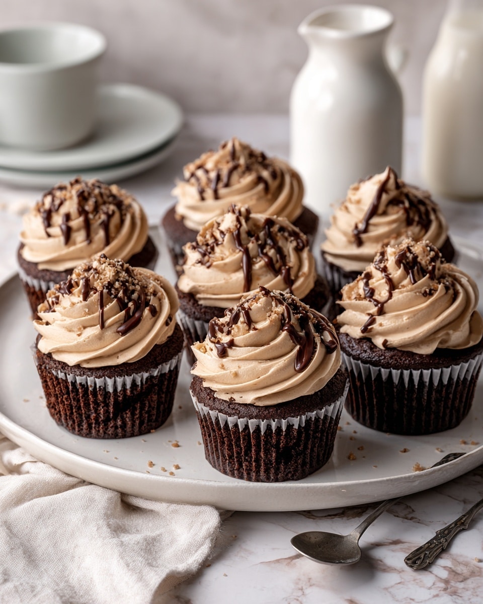 A group of seven chocolate cupcakes with swirled light brown frosting sit on a white plate on a white marbled surface. Each cupcake has a smooth, dark brown base topped with three layers of textured frosting spirals, drizzled with a dark chocolate sauce and small crunchy pieces on top. A silver spoon lies next to the plate, and a glass bottle and white mug are softly blurred in the background. photo taken with an iphone --ar 4:5 --v 7