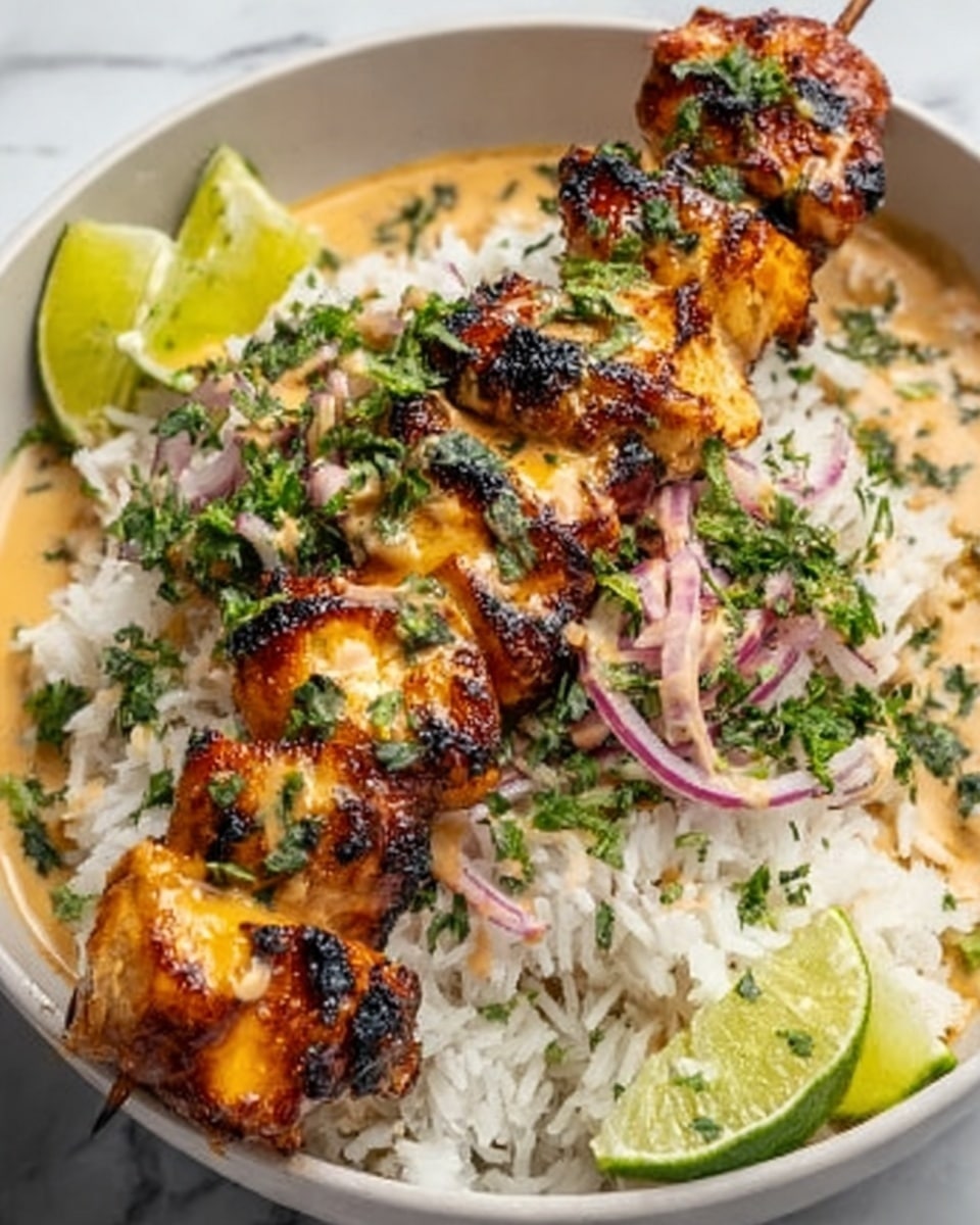 The image shows a white bowl filled with a base layer of white rice, topped with a creamy light brown sauce. On top of the sauce lies a skewer of grilled chicken pieces, charred slightly with a mix of yellow and orange hues, glazed with a shiny sauce. Garnishing the dish are finely chopped green herbs and thin slices of red onion scattered over the rice and chicken. To the side inside the bowl, there are two lime wedges adding a fresh green color contrast. The bowl is placed on a white marbled surface. Photo taken with an iphone --ar 4:5 --v 7