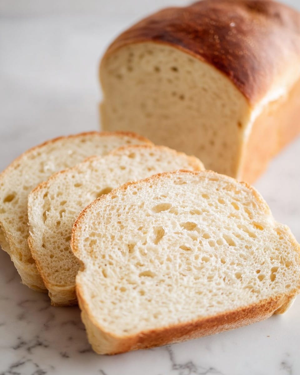 The image shows a loaf of white bread with three slices placed in front of it on a white marbled surface. Each slice has a soft, light beige inside with small air holes spread evenly throughout the crumb, and a slightly darker, thin crust around the edge. The loaf behind the slices has a golden-brown crust on top with a smooth texture. The slices are arranged in a slightly overlapping way leading toward the loaf. photo taken with an iphone --ar 4:5 --v 7