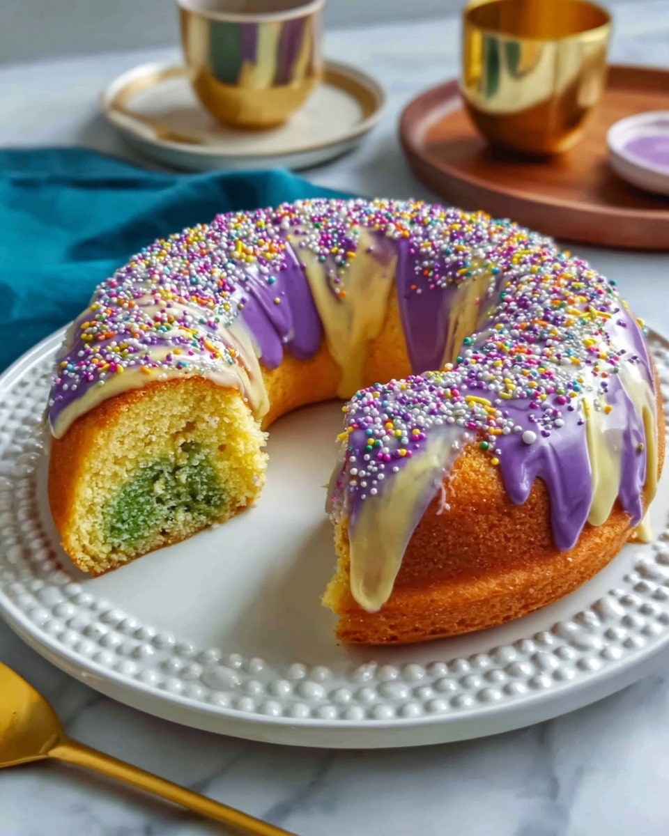 A round cake shaped like a ring with one piece cut out, showing a green and white marbled inside. The cake is covered with thick purple icing on top, decorated with colorful round sprinkles. The cake sits on a decorative white plate on a white marble surface. A gold spoon is beside the plate, and a glass of dark drink is blurred in the background. Photo taken with an iphone --ar 4:5 --v 7