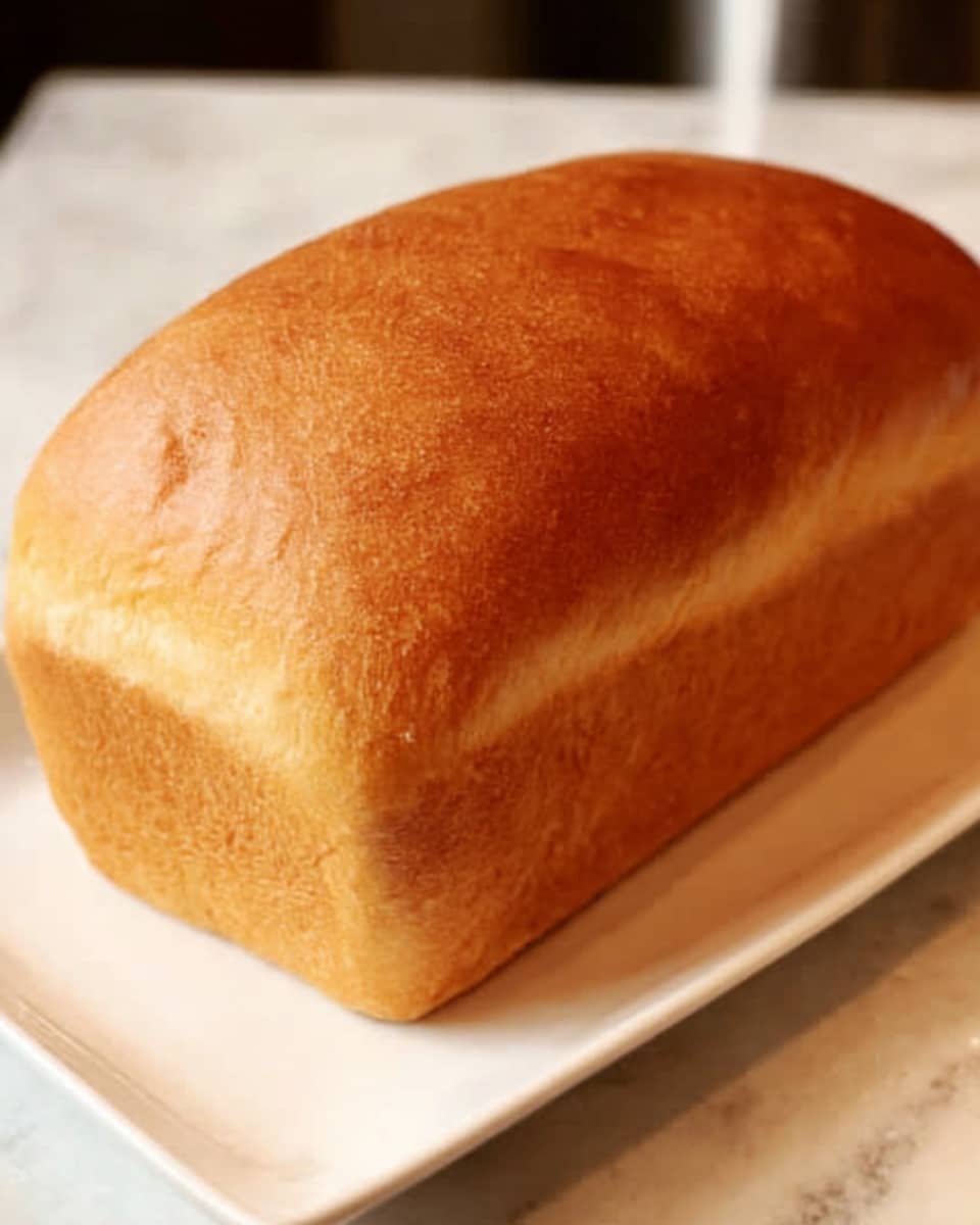 A rectangular loaf of bread with a smooth, golden brown crust sits on a white rectangular plate. The bread has a soft, even texture and a slightly rounded top. The background is a white marbled texture that highlights the warm color of the bread. Photo taken with an iphone --ar 4:5 --v 7