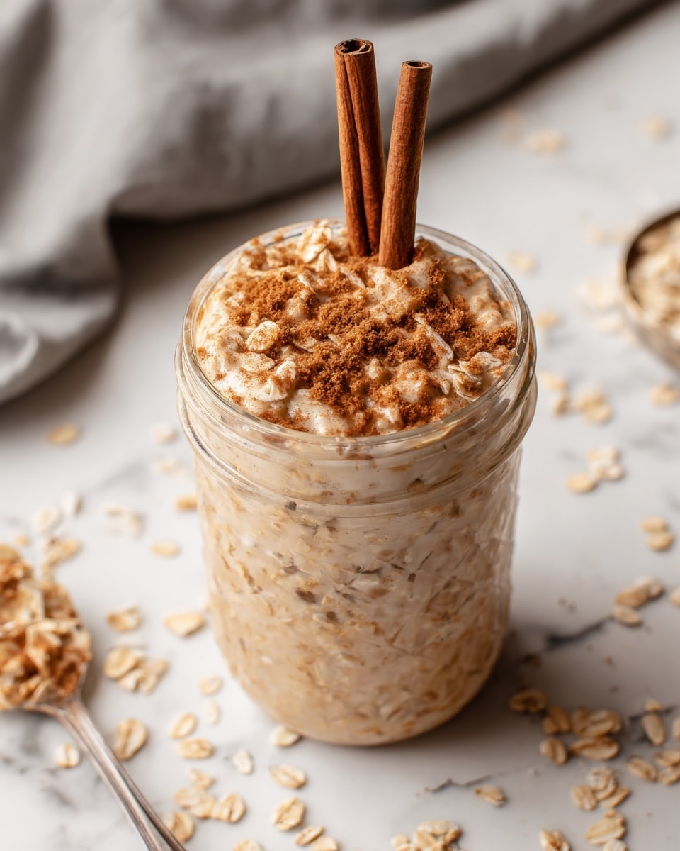 A clear glass jar filled with a creamy light brown mixture that looks like soaked oats, showing soft oat pieces throughout the liquid base. On top, there is a layer of scattered whole oat grains mixed with a sprinkle of brown sugar and cinnamon powder creating a textured, crumbly, and slightly grainy surface. Two cinnamon sticks stand upright, poking out from the middle of the jar. The jar sits on a white marbled surface with scattered oat flakes around it, and a grey cloth in the background. An open jar lid rests nearby, adding to the casual, homemade feel. Photo taken with an iphone --ar 4:5 --v 7