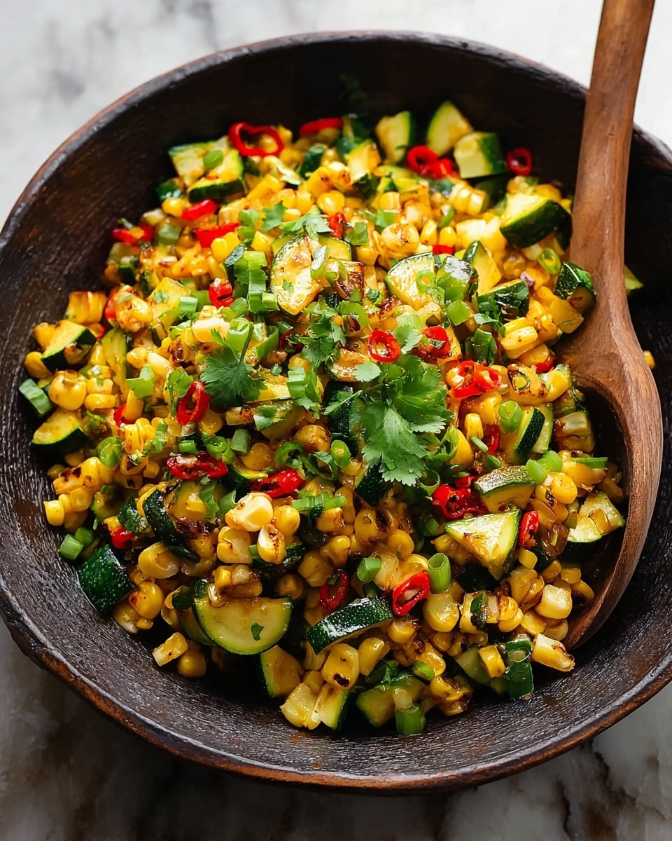 In a dark bowl filled with a mix of grilled vegetables sitting on a white marbled texture, there is a colorful dish mainly made up of three layers: the bottom layer is grilled corn kernels with a golden yellow tone, mixed with small pieces of light green and dark green zucchini slices on top; bright red pepper strips are scattered evenly throughout the dish, adding a splash of color, and fresh green cilantro leaves and chopped green onions are generously sprinkled on the surface, giving the dish a fresh and lively look. A wooden spoon with a natural brown tone rests inside the bowl, partially visible from the upper right side. photo taken with an iphone --ar 4:5 --v 7