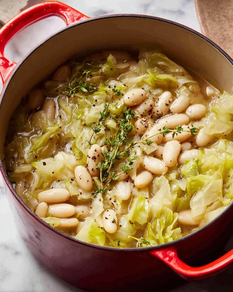 A red pot filled with a warm, thick stew showing two main layers: a bottom layer of translucent, soft green cabbage pieces mixed with small bits of cooked onion, and a top layer of plump white beans coated in a light broth. Sprigs of fresh thyme, tiny black pepper specks, and a glossy liquid give the stew a fresh, savory look. The pot rests on a white marbled surface. photo taken with an iphone --ar 4:5 --v 7