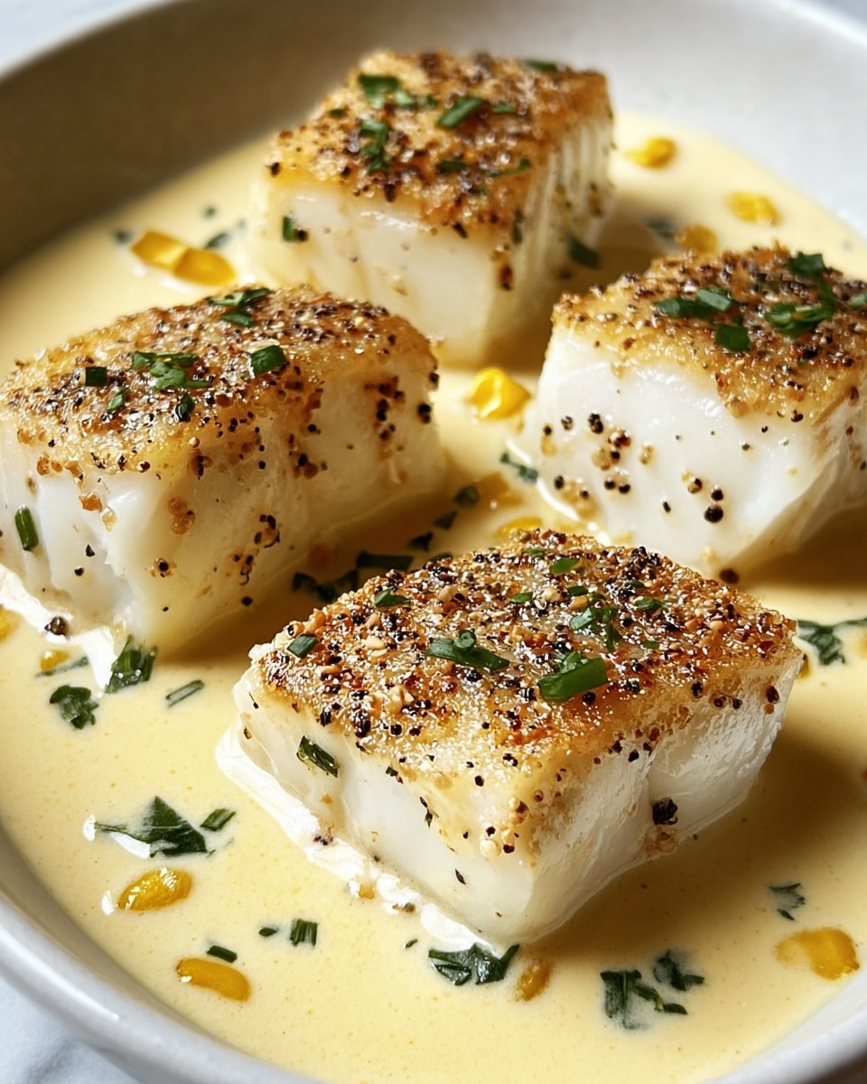 The image shows four thick white fish fillets with a golden-brown crispy top layer, each piece sprinkled with black pepper and small green herb bits. These fillets sit in a creamy pale yellow sauce that has visible small green herbs and yellow corn kernels scattered throughout. The fillets are arranged closely together on a white plate, which is set on a white marbled surface. The creamy sauce looks smooth and rich, partially covering the sides of the fish pieces in a shallow pool. photo taken with an iphone --ar 4:5 --v 7