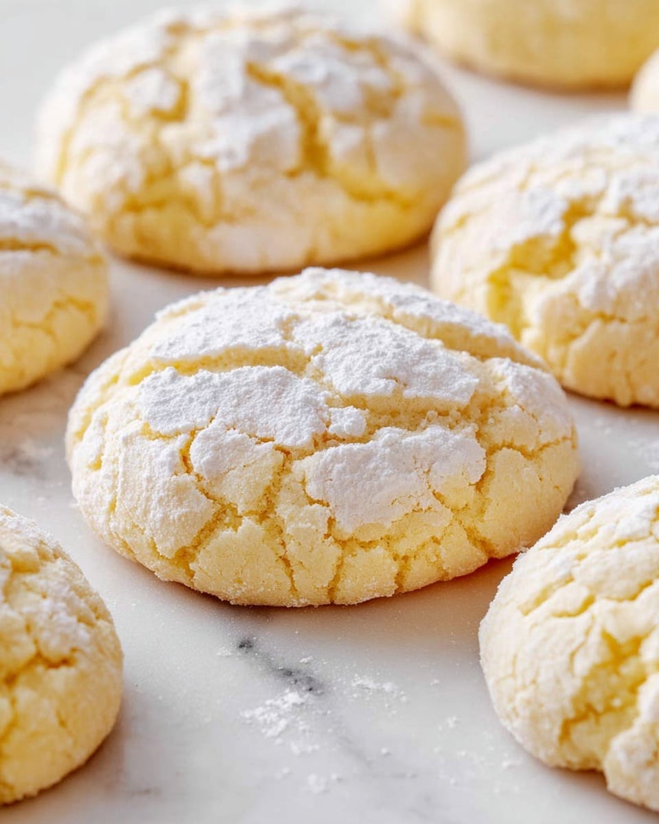 The image shows several soft, round cookies with a crinkled, cracked texture on the surface. Each cookie is pale yellow with a light dusting of white powdered sugar that highlights the cracks. The cookies are placed on a white marbled surface, spaced evenly apart. The focus is on the cookies in the middle, showing their fluffy and delicate texture clearly. Photo taken with an iphone --ar 4:5 --v 7
