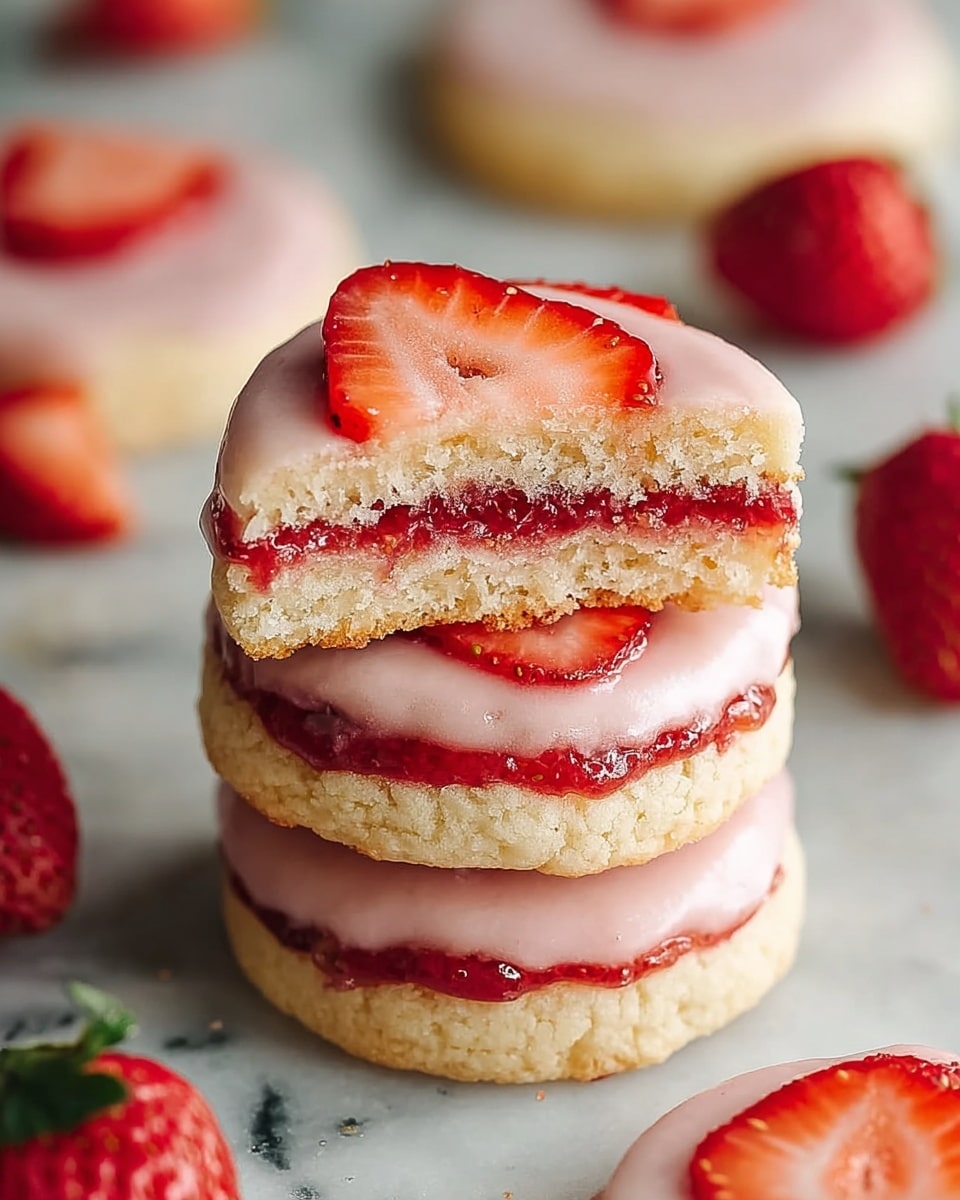 A stack of three round cookies is shown, each cookie made of a light beige, crumbly dough base with a thick layer of bright red strawberry jam in the middle. The top of each cookie is covered with a smooth, pale pink glaze, and two thin, fresh red strawberry slices are placed on top of the glaze. The stack sits on a white marbled surface, with other similar cookies and whole red strawberries scattered around in the background. The texture of the jam looks slightly sticky, and the glaze is shiny and smooth. photo taken with an iphone --ar 4:5 --v 7