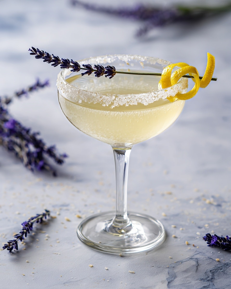 A clear glass cocktail coupe filled with a pale yellow, slightly bubbly liquid sits on a white marbled surface. The rim of the glass is coated with large white sugar crystals, and on top, a single dark purple lavender sprig rests across the glass. On the right side of the rim, a bright yellow lemon peel curls in a spiral shape, hanging down slightly. In the background, some out-of-focus lavender sprigs lie flat on the white marbled surface. photo taken with an iphone --ar 4:5 --v 7