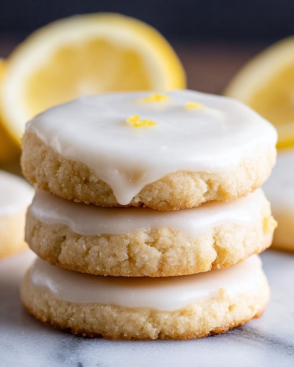 A close-up image shows a stack of three round shortbread cookies on a white marbled surface, with the top cookie covered with smooth white icing that has a matte finish and a few small yellow crumbs on it. The cookies have a rough, crumbly texture and a pale golden color. In the blurred background, a few lemon wedges are visible, adding a touch of yellow color. Photo taken with an iphone --ar 4:5 --v 7