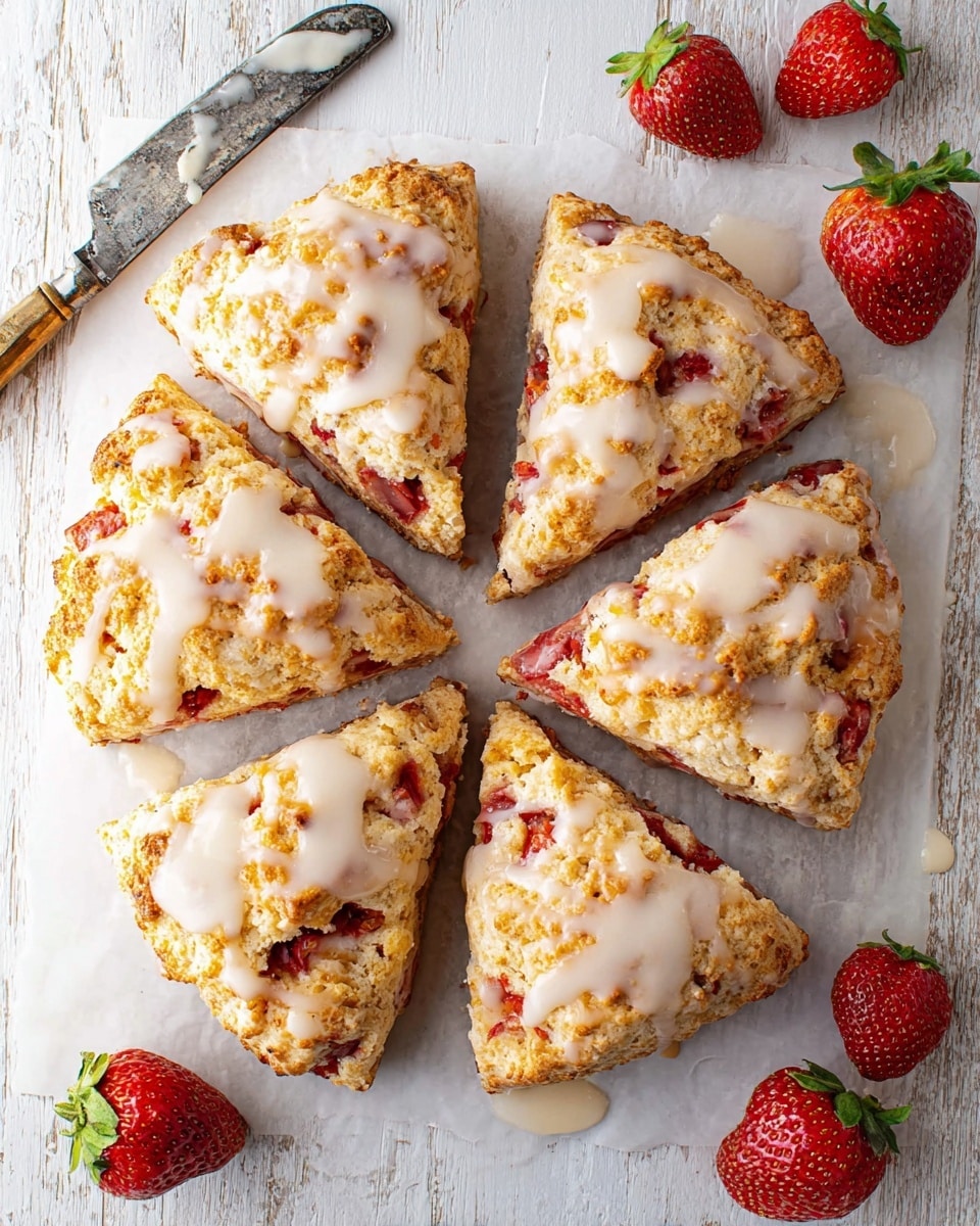 Eight triangular strawberry scones arranged in a circle on a sheet of parchment paper. Each scone has a rough, crumbly golden-brown texture with visible pieces of red strawberries inside. A light white icing is drizzled unevenly over the top of each scone, adding a glossy finish. The circle of scones is on a white marbled wooden surface. To the top left, there is an old metallic butter knife with some white icing on its blade. Three fresh whole strawberries with green leaves are placed randomly around the scones on the white marbled surface. photo taken with an iphone --ar 4:5 --v 7