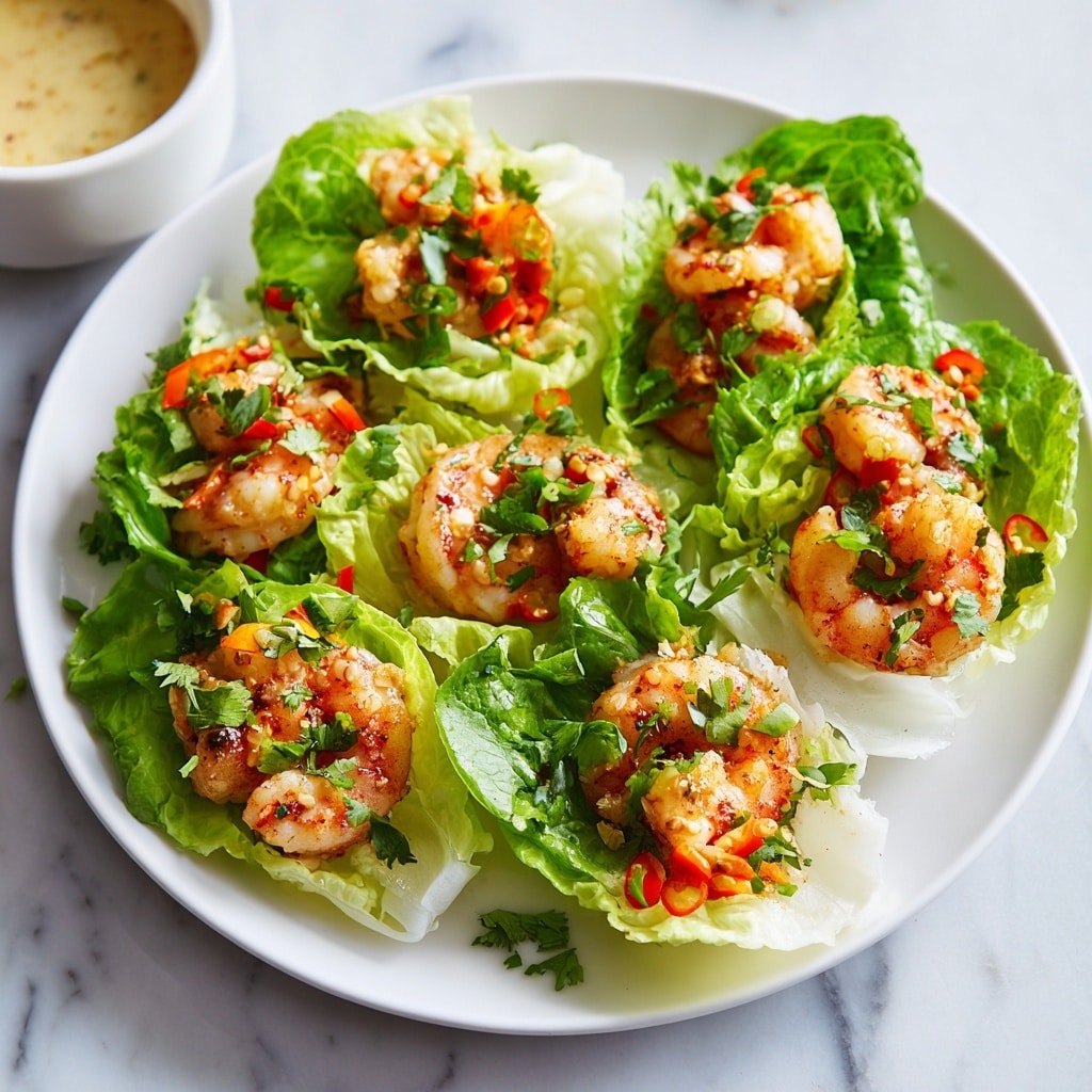 The image shows a white plate filled with small rolls made from green lettuce leaves, each holding one large pink and white shrimp. Inside the lettuce leaves, there is a light green crunchy layer of cabbage and small pieces of bright red chili peppers scattered on top. Tiny dark green herbs and some chopped green onion add color and texture. The plate sits on a white marbled surface, and a small white dipping bowl is partially visible at the edge. Photo taken with an iphone --ar 4:5 --v 7