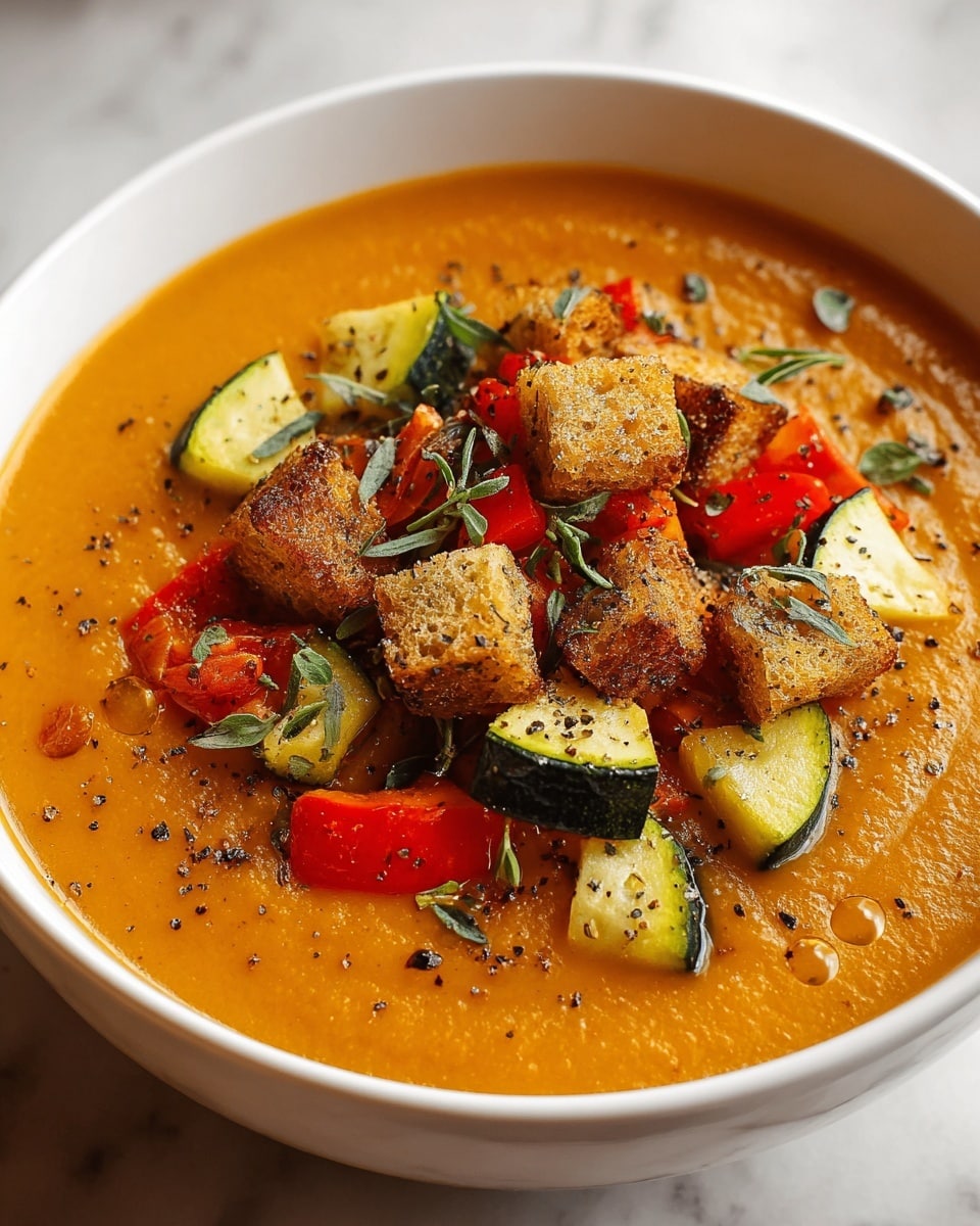 A thick, smooth orange soup fills a white bowl, topped with a colorful mix of diced vegetables and croutons. The toppings include green zucchini, red bell peppers, and light brown croutons, all sprinkled with fresh green herbs and cracked black pepper. The vegetables have a slightly shiny texture, showing they are cooked but still fresh. The soup has a creamy, rich look with a few small bubbles on the surface. The bowl sits on a white marbled texture background. photo taken with an iphone --ar 4:5 --v 7