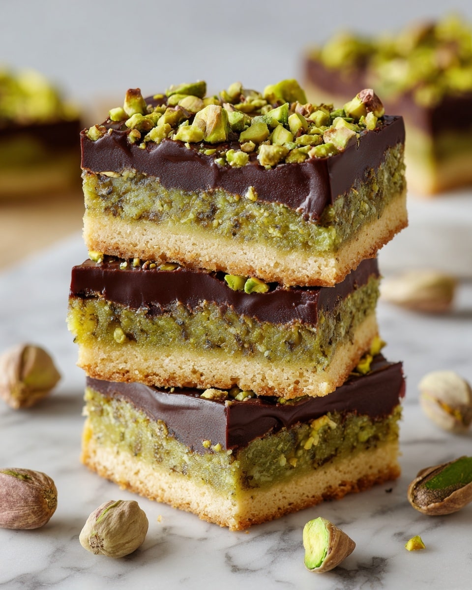 A stack of three square dessert bars is shown, each with three distinct layers. The bottom layer is a light golden, crumbly cookie crust. The middle layer is thick and greenish-yellow with a slightly chunky texture, revealing bits of pistachio nuts inside. The top layer is a smooth, glossy dark chocolate ganache, generously sprinkled with bright green chopped pistachios. The bars are placed on a white marbled surface with scattered whole and chopped pistachios around them. photo taken with an iphone --ar 4:5 --v 7