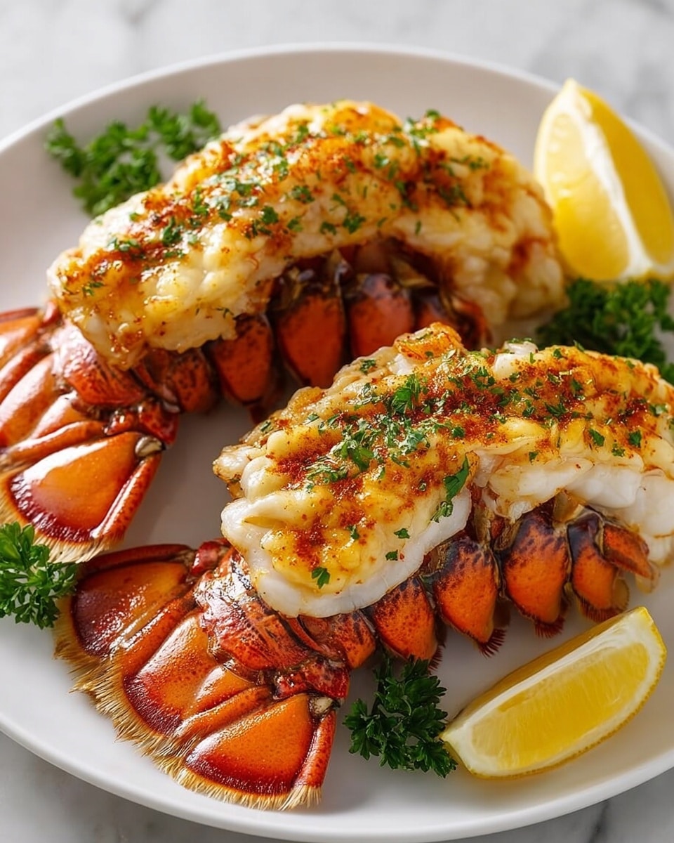 Two lobster tails are served on a white plate, each with a rich orange-red shell at the bottom and white, grilled lobster meat on top. The lobster meat has a golden-brown grilled layer with a sprinkle of green herbs and a light dusting of red seasoning. Around the lobster tails are fresh green parsley sprigs and two yellow lemon wedges placed on the sides. The plate sits on a white marbled surface. Photo taken with an iphone --ar 4:5 --v 7