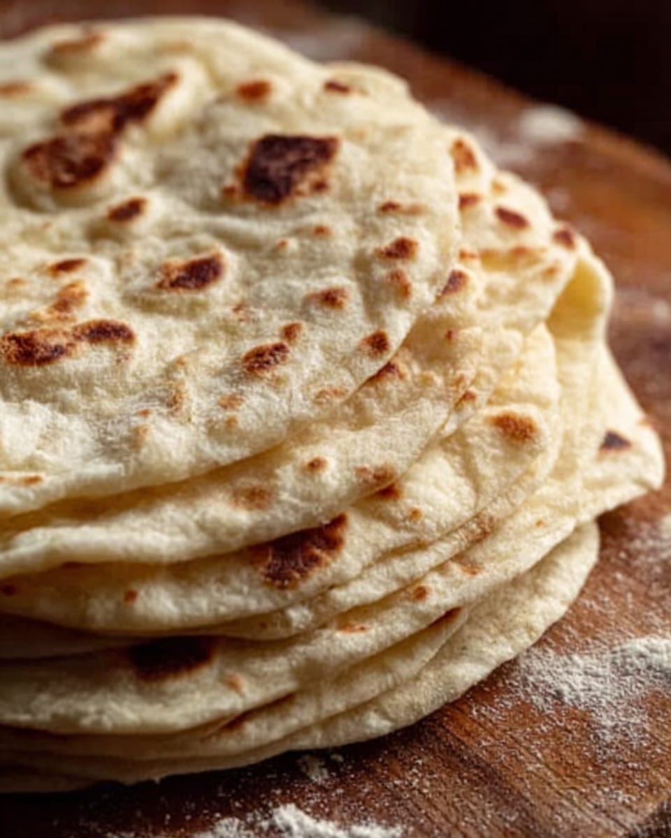 A close-up image of a stack of round flatbreads with a soft, slightly uneven texture. The flatbreads have a pale beige color with darker brown toasted spots scattered across their surface. They are layered loosely, showing the thin edges and some slight bubbling from cooking. The flatbreads rest on a wooden surface with a few flour specks around, creating a warm, homemade feeling. photo taken with an iphone --ar 4:5 --v 7