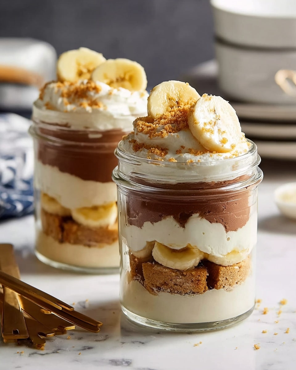 Two clear glass jars each hold a dessert with four visible layers. The first layer at the bottom is crumbled golden-brown biscuits, topped by a thick layer of creamy white filling. The third layer is smooth brown chocolate mousse, and then another thick white cream layer follows. On top, banana slices rest against the jar sides and more cream sits in the center, sprinkled with crushed biscuit crumbs. The jars stand on a white marbled surface with blurred background elements including white bowls and golden forks, and a woman's hand is holding one jar. Photo taken with an iphone --ar 4:5 --v 7