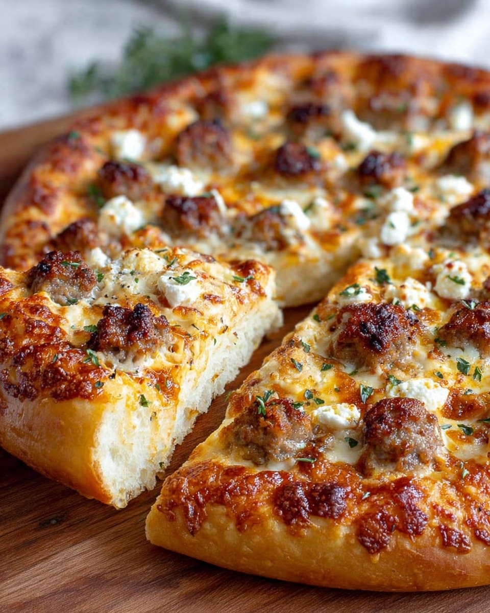 This image shows a round pizza with a thick golden-brown crust, resting on a wooden surface with some green herbs blurred in the background. The pizza has one slice slightly pulled out, revealing a soft, fluffy, and light-colored interior crust layer. The top layer is covered with melted, bubbly cheese with golden spots, and scattered browned sausage pieces. White crumbly cheese is spread across the pizza with small green herb leaves sprinkled over everything, adding color contrast. Photo taken with an iphone --ar 4:5 --v 7