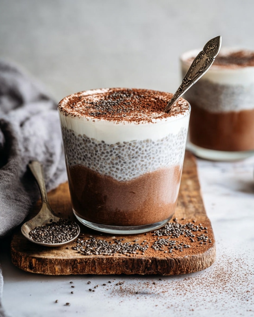 A clear glass cup holds a dessert with three distinct layers: the bottom layer is a smooth, dark brown chocolate pudding, the middle layer is light gray chia pudding with visible tiny seeds, and the top layer is a thick, white creamy topping dusted with a fine layer of cocoa powder. A decorative silver spoon stands inside the cup, with its detailed handle rising above the creamy layer. The cup sits on a rough-edged wooden board with scattered chia seeds and cocoa powder around, all placed on a white marbled surface. Another similar cup and a gray cloth are in the soft-focus background. Photo taken with an iphone --ar 4:5 --v 7