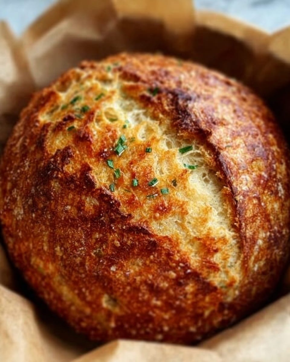 A round loaf of bread with a golden brown, crispy crust, showing a crack on top. The surface has a rough texture with small bits of green herbs sprinkled lightly. The bread looks soft inside with a slightly dense and chewy texture. It sits inside a brown paper container, all on a white marbled surface. photo taken with an iphone --ar 4:5 --v 7