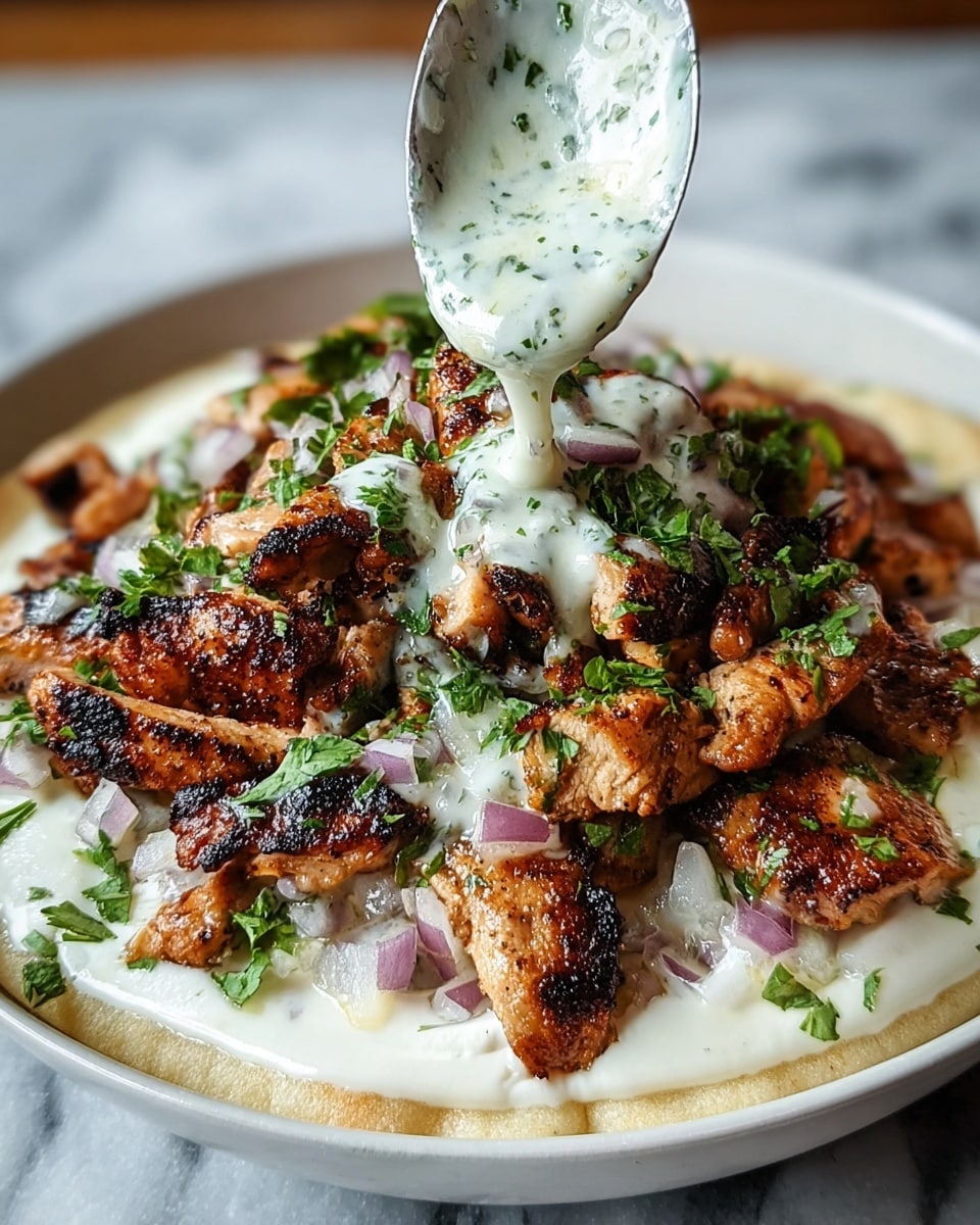 The dish is served in a white bowl filled with a base layer of soft, light beige flatbread or pita, slightly visible around the edges. On top of the flatbread is a creamy white sauce spread evenly. Above this lies a layer of finely chopped purple onion slices scattered unevenly. The main top layer consists of grilled chicken pieces with a rough texture and dark brown grill marks, piled roughly in the center. Fresh green herbs are sprinkled generously over the chicken, adding a pop of color. A thick, white sauce with green herb flecks is being poured over the chicken from a spoon at the top center of the image. The background is a white marbled texture. Photo taken with an iphone --ar 4:5 --v 7
