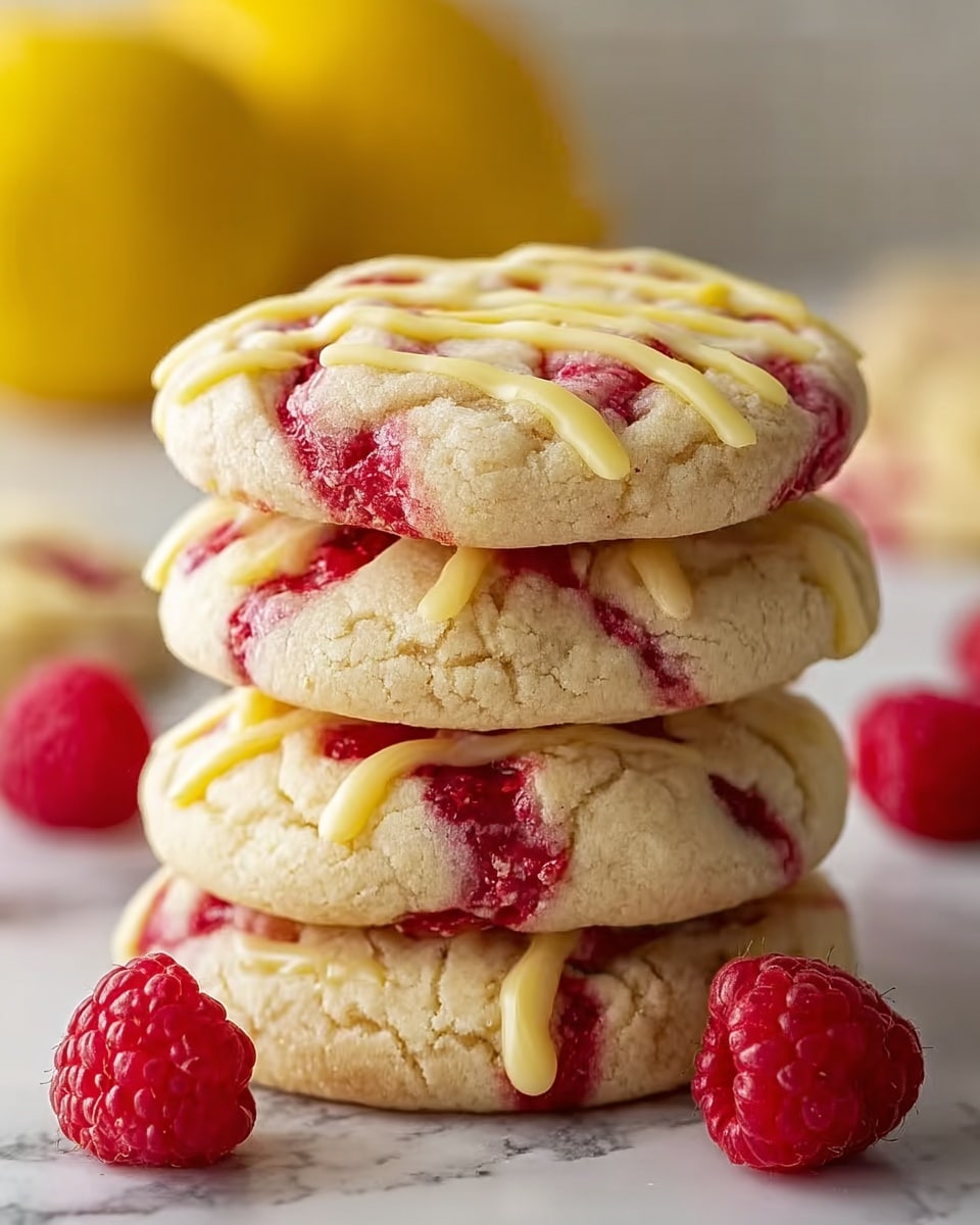 A stack of four thick, soft cookies with visible swirls of bright red raspberry jam running through each cookie. The top cookie has a drizzle of pale yellow icing in a loose zigzag pattern, matching the icing accents on the other cookies below. The cookies have a light, creamy color with slight cracks on their surface, showing a chewy texture. Around the base of the stack are several fresh raspberries, adding a pop of red against the white marbled surface beneath. The background has a soft focus with blurred yellow shapes. photo taken with an iphone --ar 4:5 --v 7