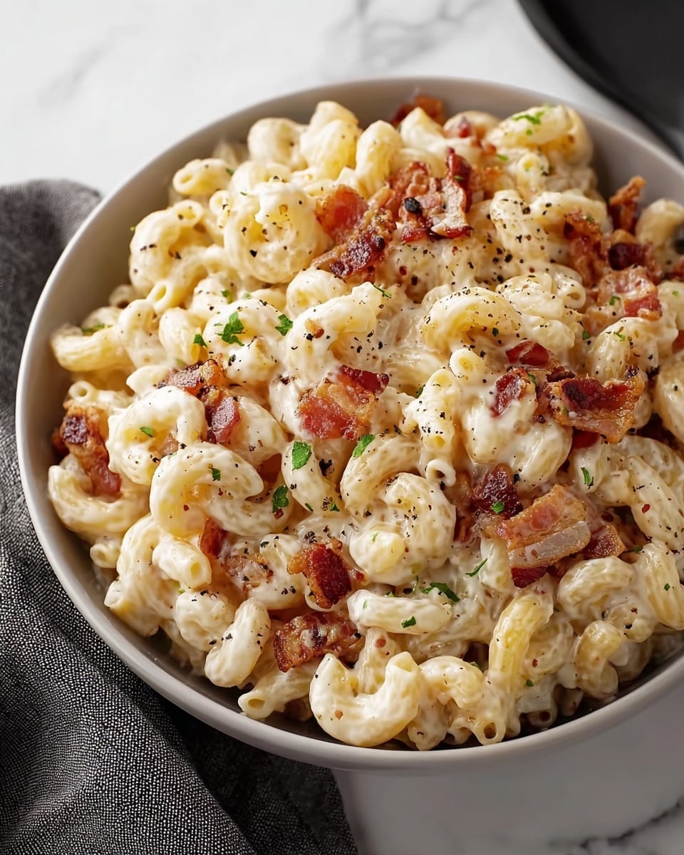 A close-up view of a bowl full of creamy macaroni pasta mixed with crispy browned bacon pieces scattered evenly throughout. The pasta is coated in a smooth, white cheese sauce with a sprinkling of black pepper and small green herbs adding a dash of color. The bowl is white and placed on a white marbled surface next to a grey cloth napkin, creating a simple and clean background that highlights the rich textures of the dish. photo taken with an iphone --ar 4:5 --v 7