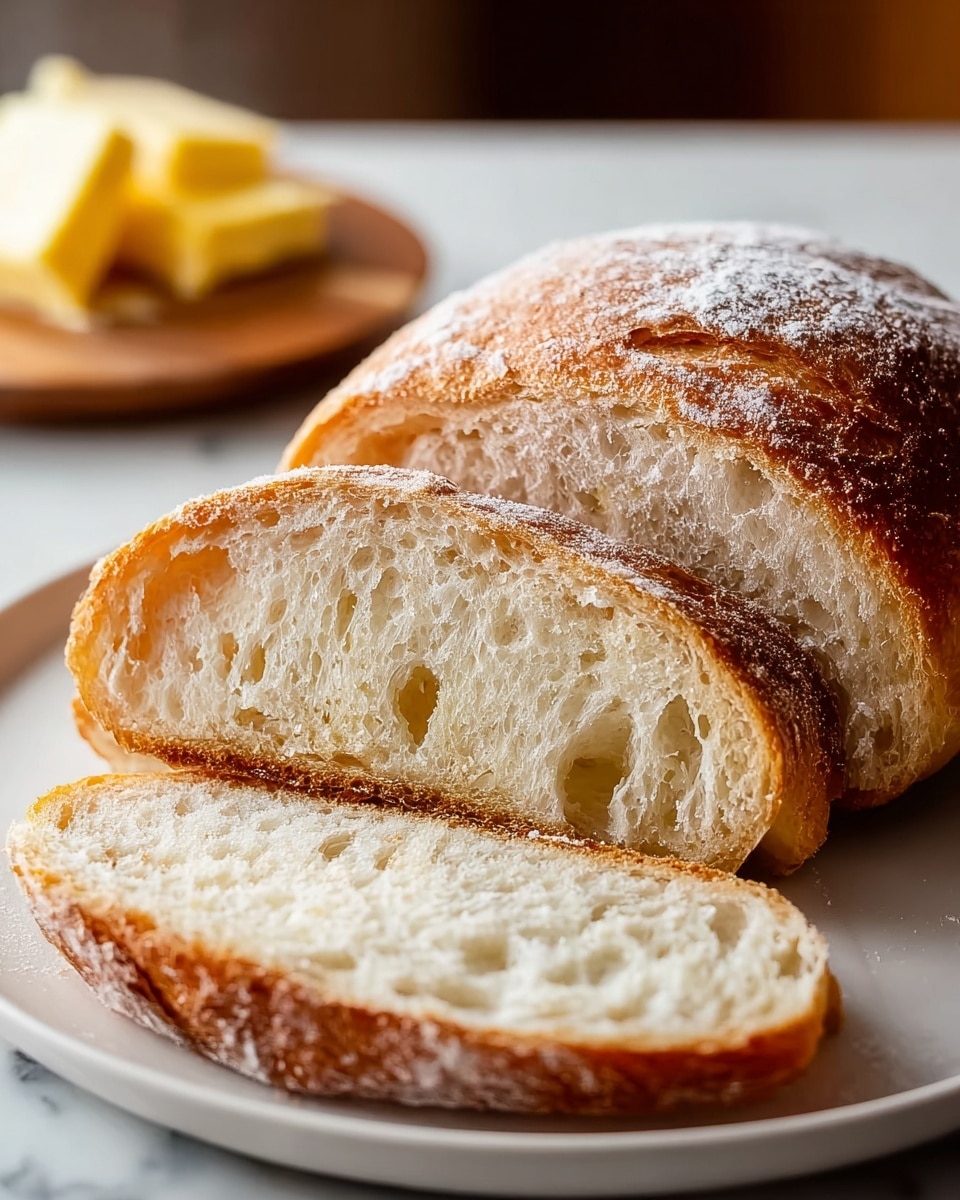 The image shows a sliced loaf of bread with a golden-brown crust dusted with a light layer of white flour. The bread is cut into three pieces, revealing a soft, airy, and slightly moist interior with small holes. The front slice is lying flat, showing its textured crumb, while the other two pieces are stacked behind on a white plate. In the blurred background, there is a small wooden board with cut pieces of yellow butter. The bread and butter rest on a smooth, white marbled surface. photo taken with an iphone --ar 4:5 --v 7