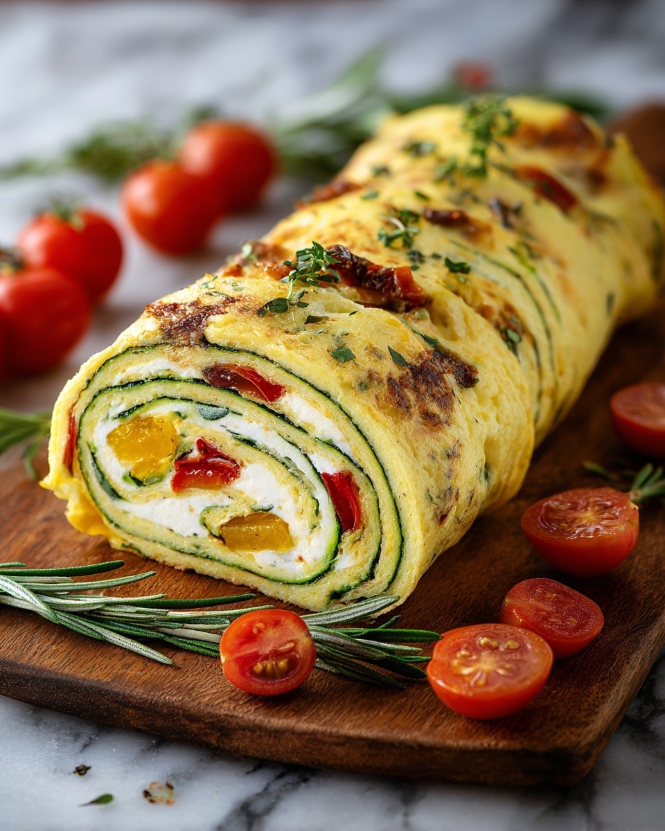 A rolled zucchini omelette sliced into thick pieces, placed on a wooden board with a sprig of rosemary beside it. The roll has multiple layers including a thin, golden-yellow omelette layer on the outside, bright green zucchini slices inside, and a creamy white cheese filling dotted with red and yellow roasted bell pepper chunks. The top of the roll is garnished with small green herb sprigs and browned spots, showing a roasted texture. Around the board are scattered fresh red cherry tomatoes and green herbs, all set against a white marbled surface. photo taken with an iphone --ar 4:5 --v 7