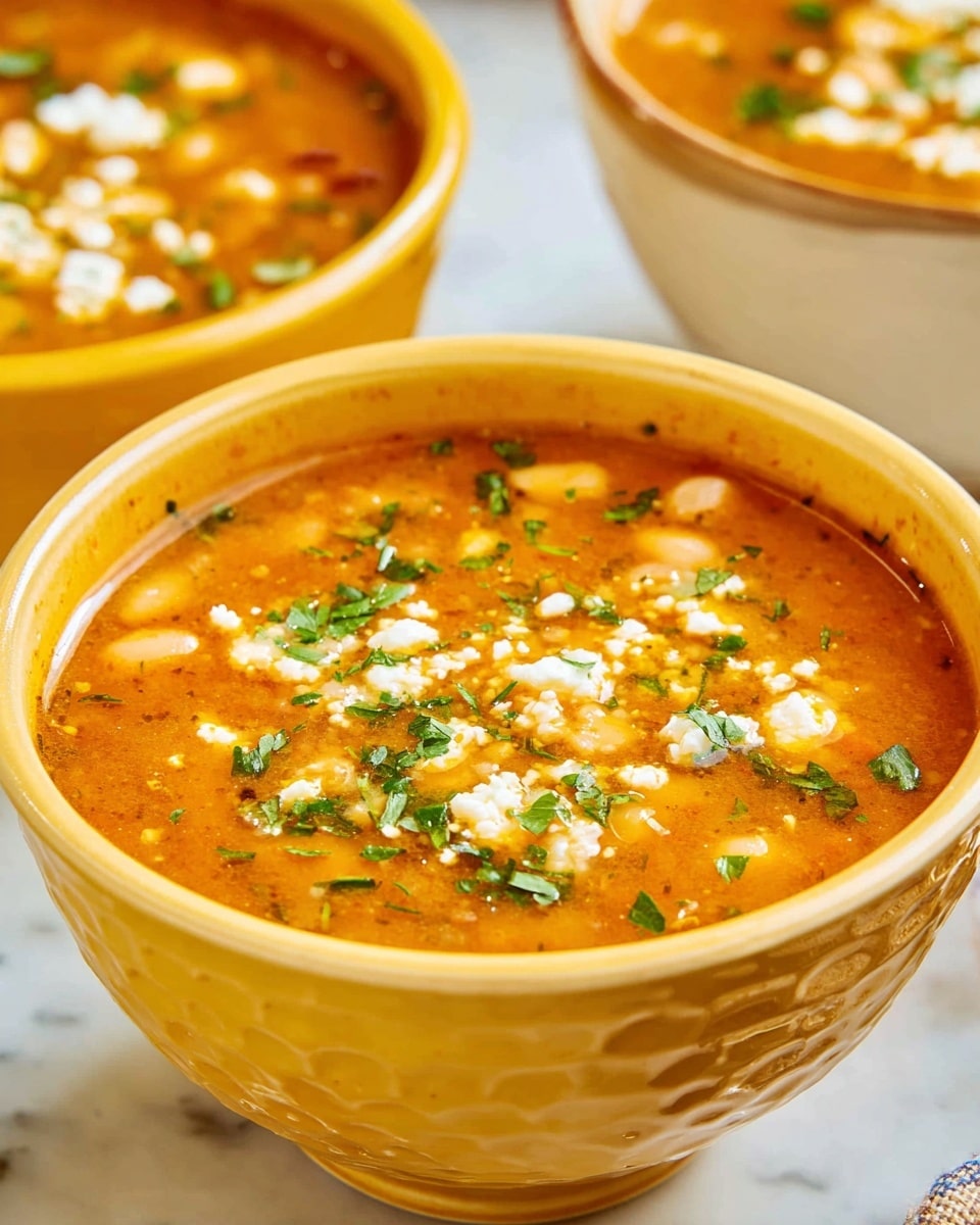 A close-up view of a yellow bowl filled with orange-brown soup that has a smooth yet slightly chunky texture, with visible white beans and small crumbly white cheese pieces scattered on top. The soup is dotted with finely chopped green herbs, giving a fresh contrast in color. The bowl sits on a white marbled surface, and in the blurred background, another bowl of the same soup is visible. photo taken with an iphone --ar 4:5 --v 7