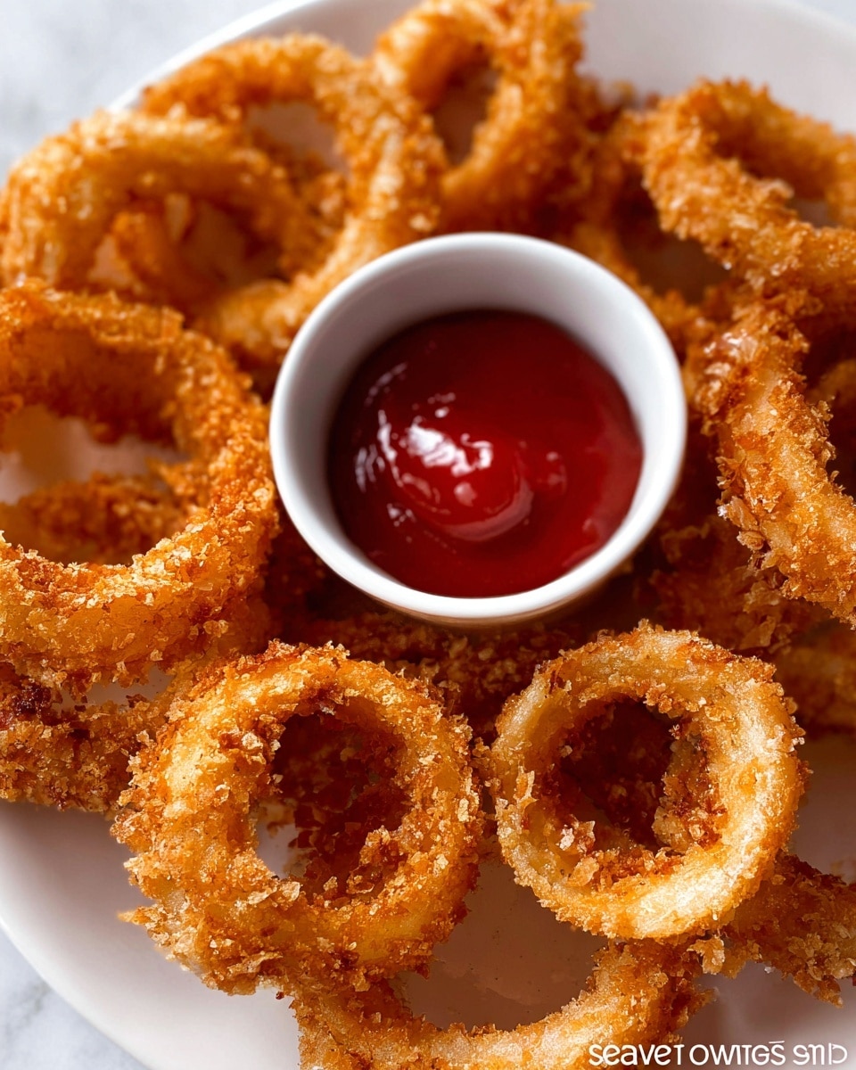 A close-up of a white plate filled with golden brown fried onion rings that have a crunchy, textured coating. The onion rings are piled around a small white bowl filled with smooth, bright red ketchup. The colors show warm tones of the fried batter contrasting with the deep red sauce, and the plate sits on a white marbled texture. photo taken with an iphone --ar 4:5 --v 7