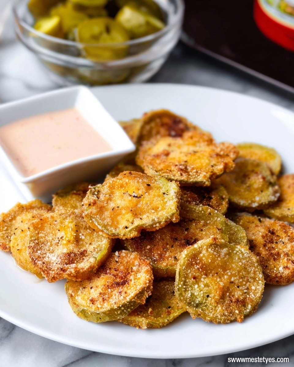 The image shows a white plate filled with one layer of golden brown fried okra slices, which have a crispy texture and some darker spots from frying. The okra pieces are mostly round, with a crunchy coating visible on each piece. At the side of the plate, there is a small white dish with a pink dipping sauce. The plate sits on a surface with a white marbled texture, and in the blurred background, a clear glass bowl contains a few whole okras. photo taken with an iphone --ar 4:5 --v 7